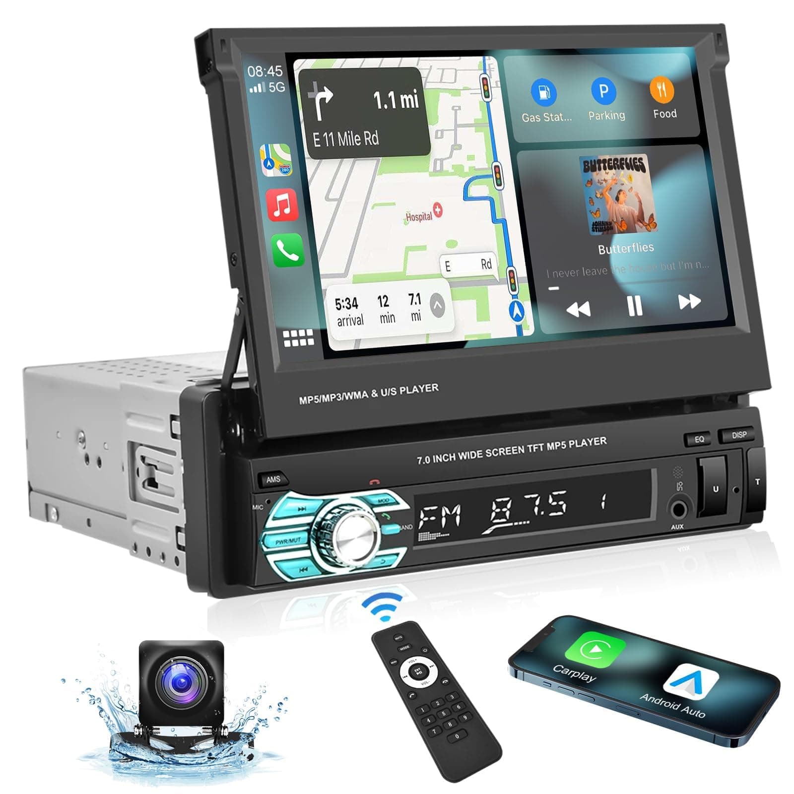 Podofo Single Din Carplay Car Stereo with Bluetooth AHD Backup Camera, 7 Inch flip Out Touch Screen Car Radio MP5 Player Support Android Auto, Mirror Link, USB, TF, FM Radio, Aux-in, SWC