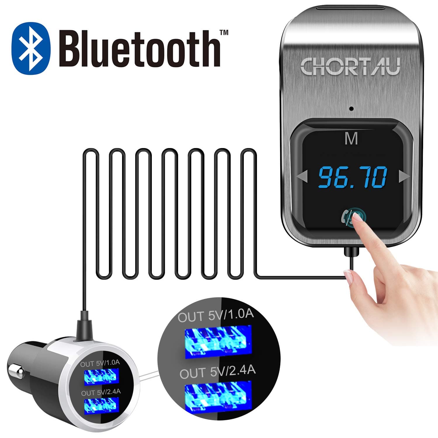 【2019 New Version】CHORTAU Bluetooth Car Transmitter, FM Transmitter,Touch Screen Bluetooth FM Transmitter for Car,Wireless Car Radio Adaptor,Bluetooth Adaptor with Micro SD Card Slot,USB Charger Ports
