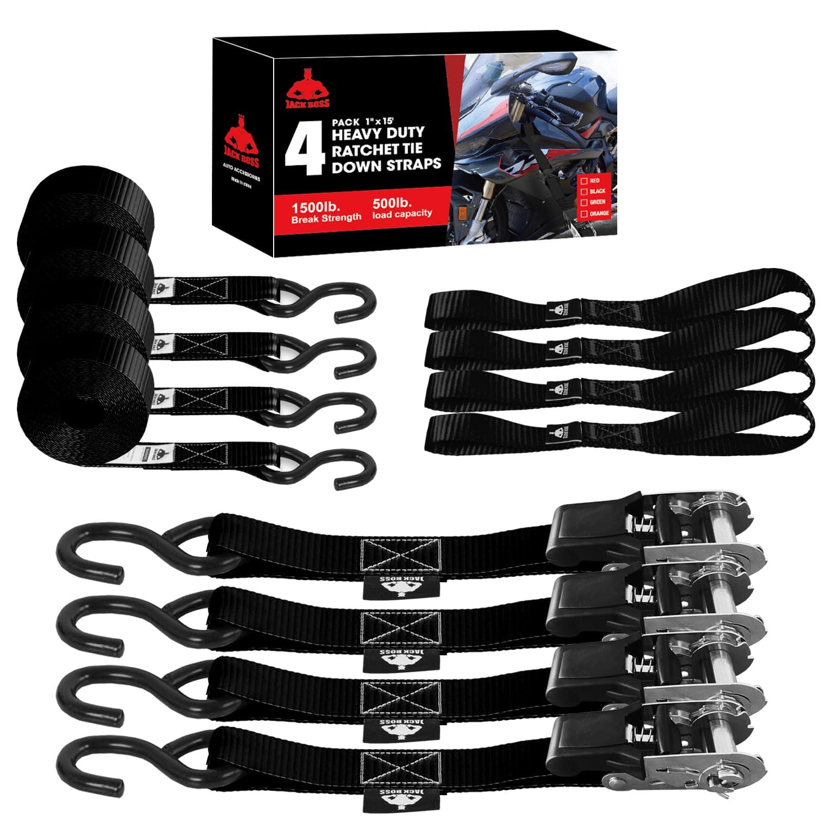 Jack Boss Ratchet Tie Down Straps Set,1500 lbs Break Strength, 1" x 15' Heavy Duty Ratchet Straps with 4X Soft Loops Padded Handles Coated S Hook, Fits for Moving Appliances Motorcycle ATV Truck,Black