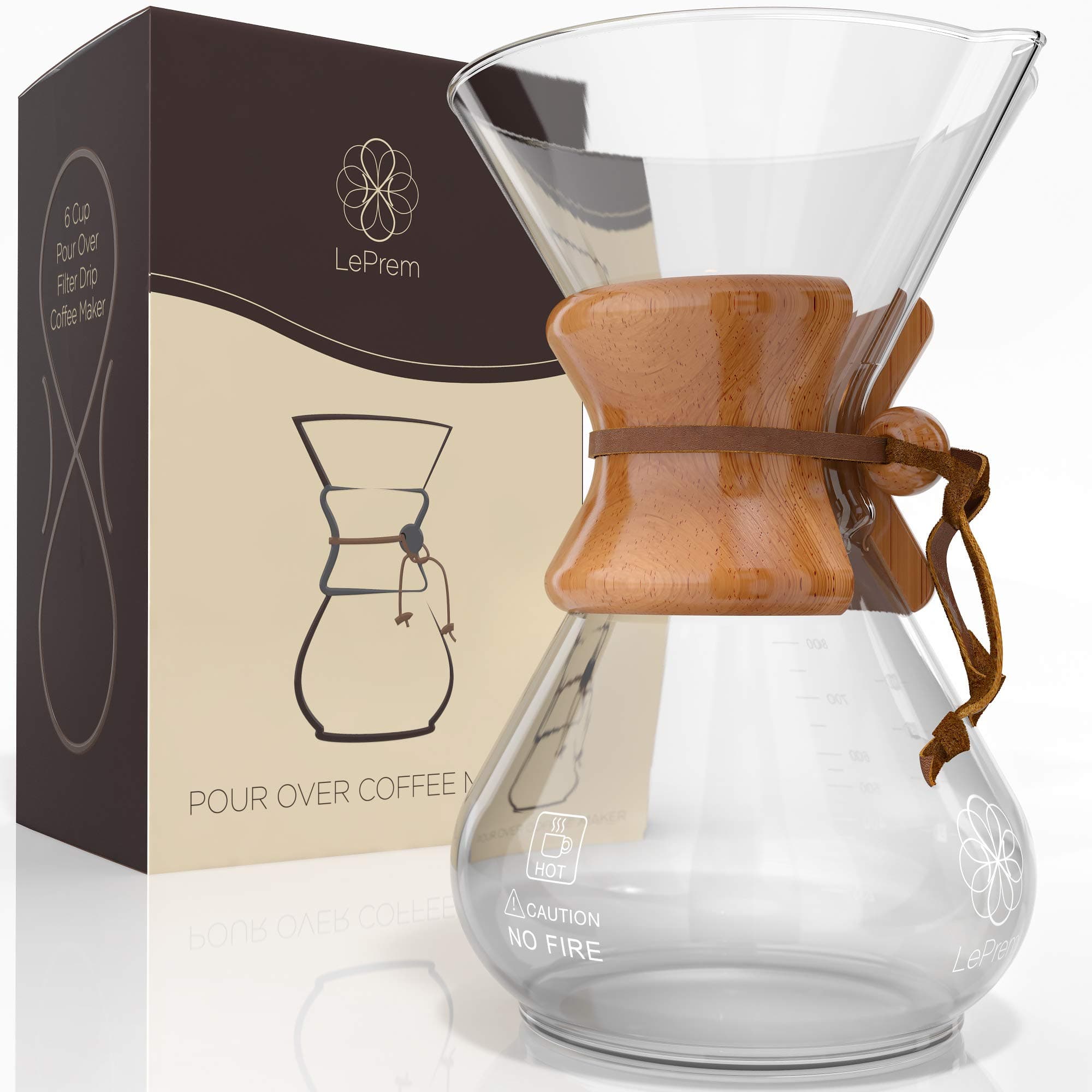 Pour Over Coffee Maker Hand Blown Glass - Classic 6 Cup Hand Drip Brewer - Strong Borosilicate Carafe, Easy Clean and Better Tasting Coffee