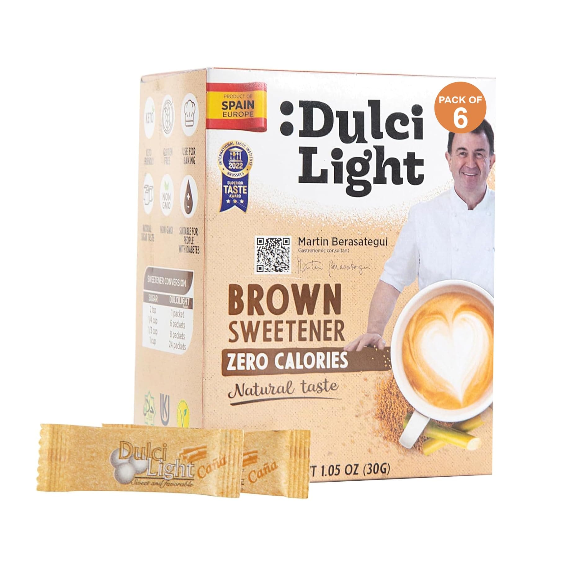 Food Factor Dulci Light Brown Sweetener Sticks Zero Sugar, Zero Calorie, Zero Carb, Cane Honey Sugar Granulated, Keto Friendly, Vegan, Suitable For Diabetic | Made in Spain 0.6 Gm 50 Sticks Pack Of 2