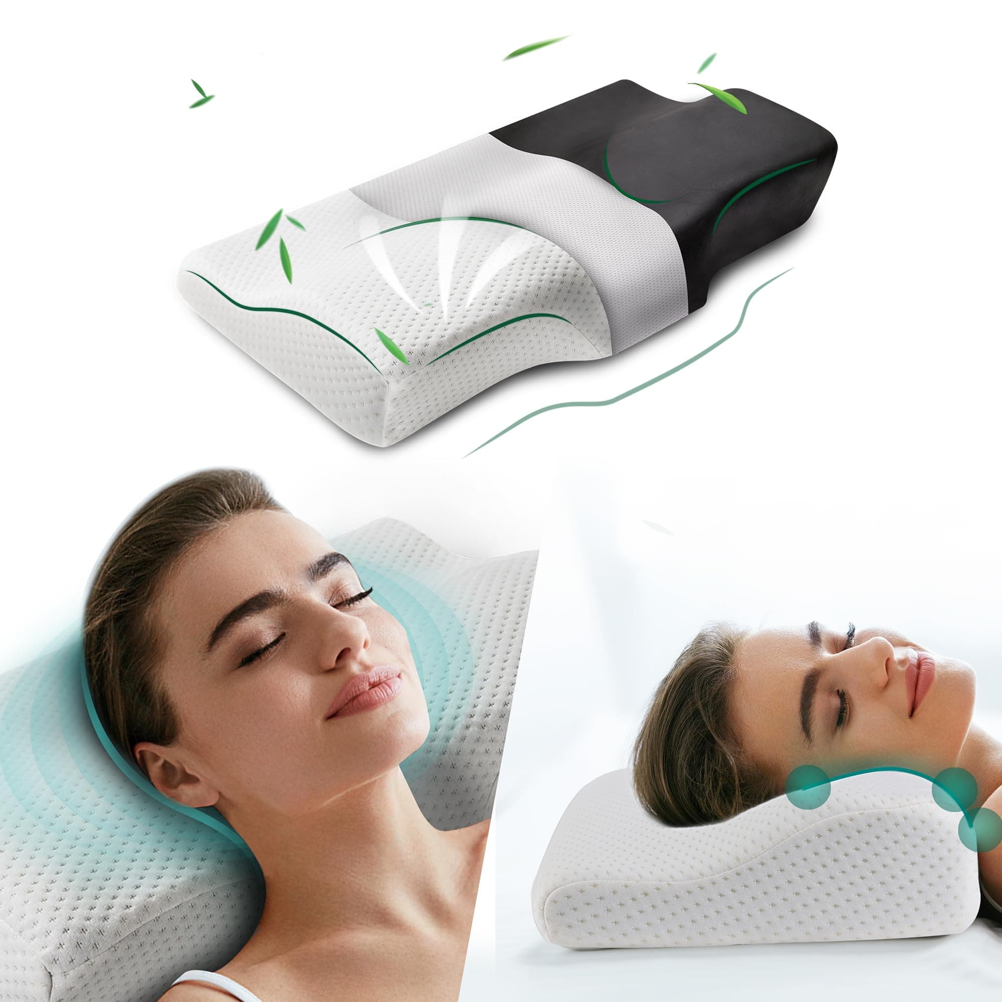 Travel Ease Contour Memory Foam Pillow, Bedding Bamboo Charcoal Neck Pillow, Orthopedic Butterfly-Wings Shape Cervical Pillow for Neck Pain Relief, Side Sleepers and Back Sleepers