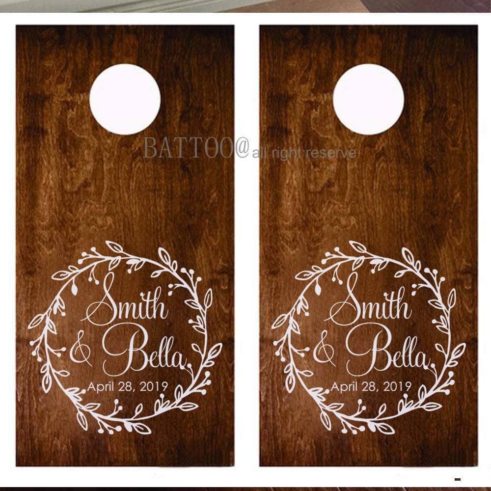 BATTOO Set of 2 Wedding Cornhole Decals Wedding Monogram Bride and Groom Name and Date Custom Wedding Decor Wedding Gifts for Couple 12" Each Plus Free Hello Door Decal