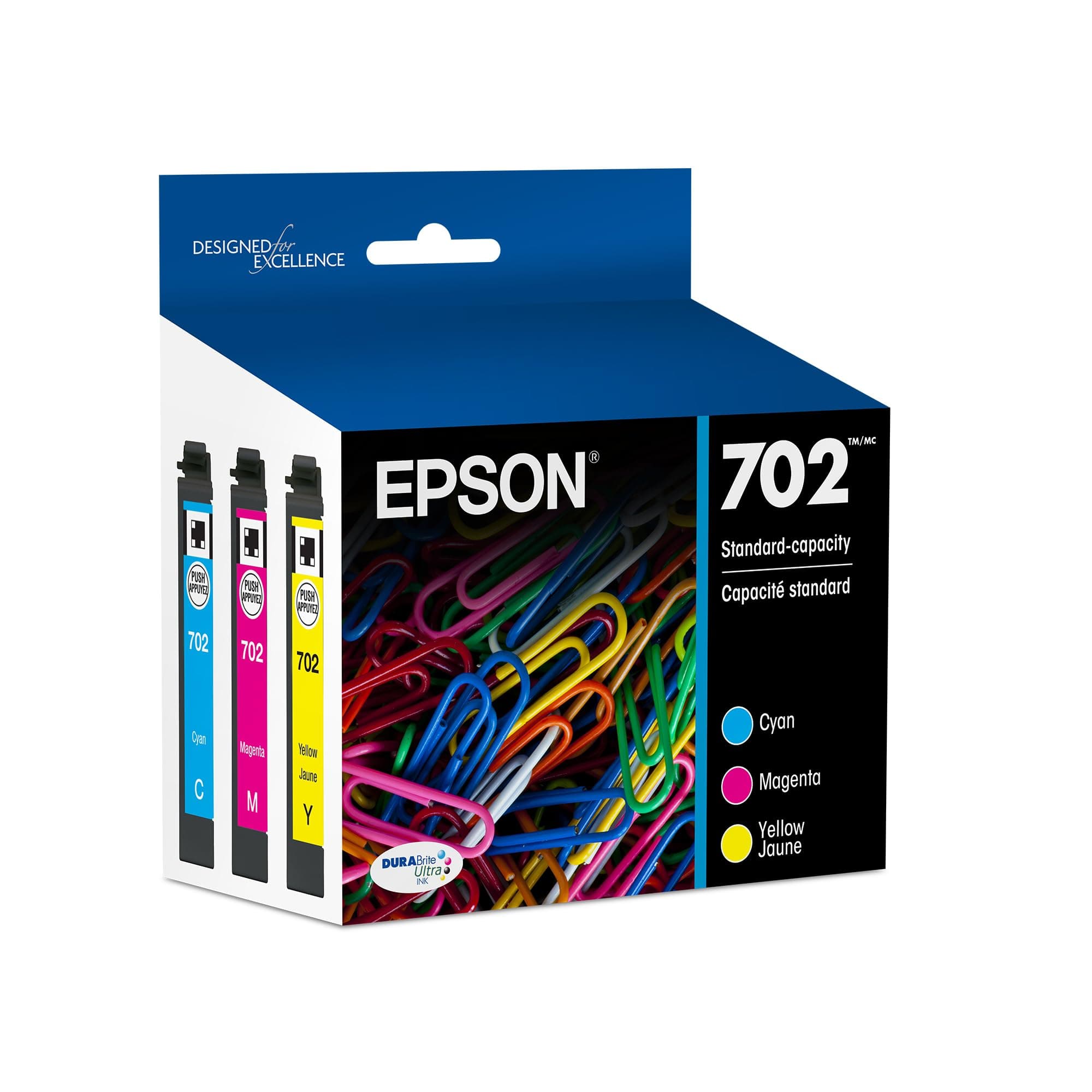 EPSON 702 DURABrite Ultra Ink Standard Capacity Color Combo Pack (T702520-S) Works with WorkForce Pro WF-3720, 3730, 3733