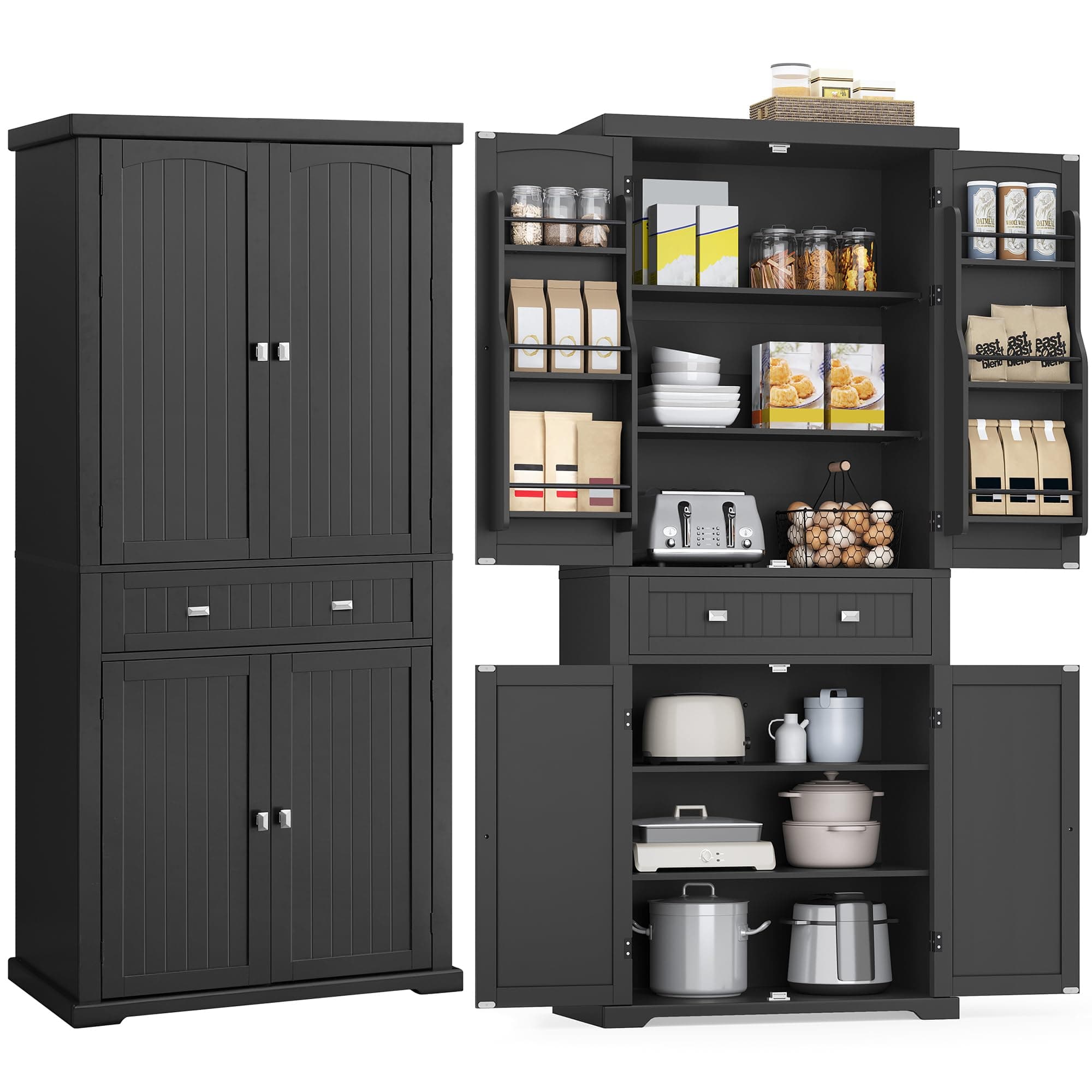 Pantry Cabinet, 71.7-Inch High Freestanding Tall Cupboard Storage Cabinet with a Drawer, 2 Cabinets, 4 Adjustable Shelves, 6 Door Shelves, for Living Room, Kitchen, Ink Black UBBC561B12
