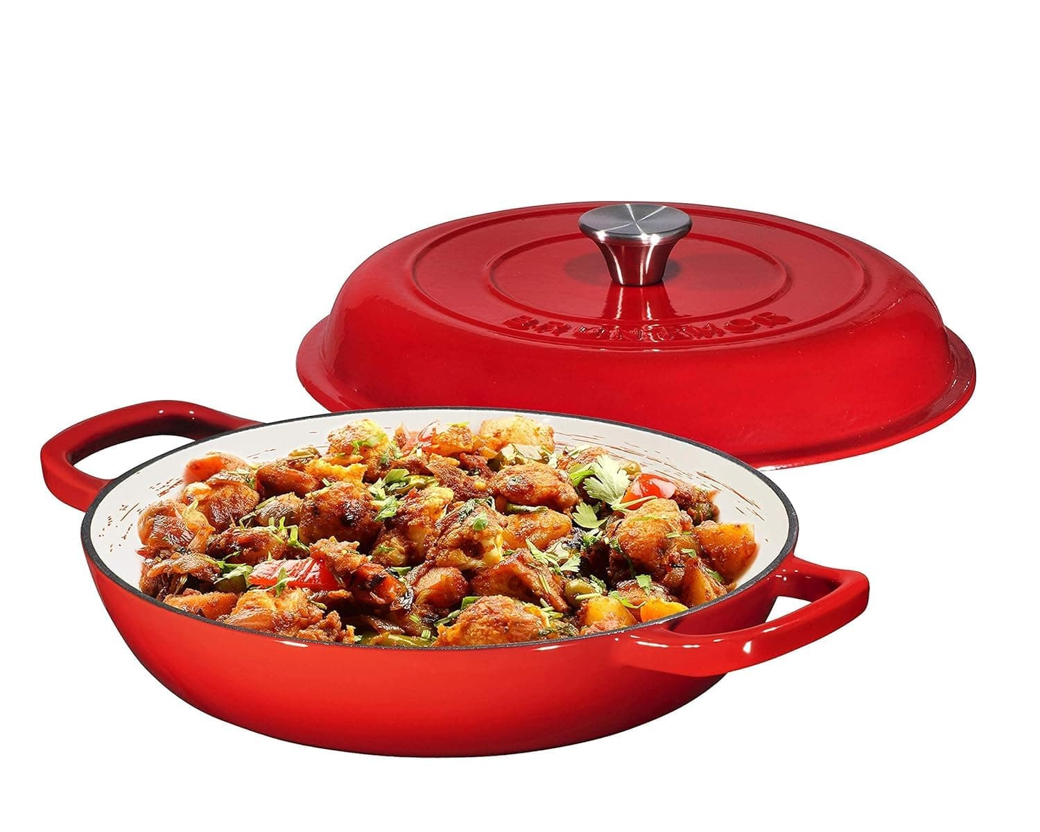 Bruntmor 3.8 Quart Dutch Oven Pot with Lid - Enameled Cast Iron Paella Pan - Ceramic Coated Cast Iron Braiser Pan for Baking, Braising, Roasting, Slow Cooking, and Stovetop Use - Gradient Red