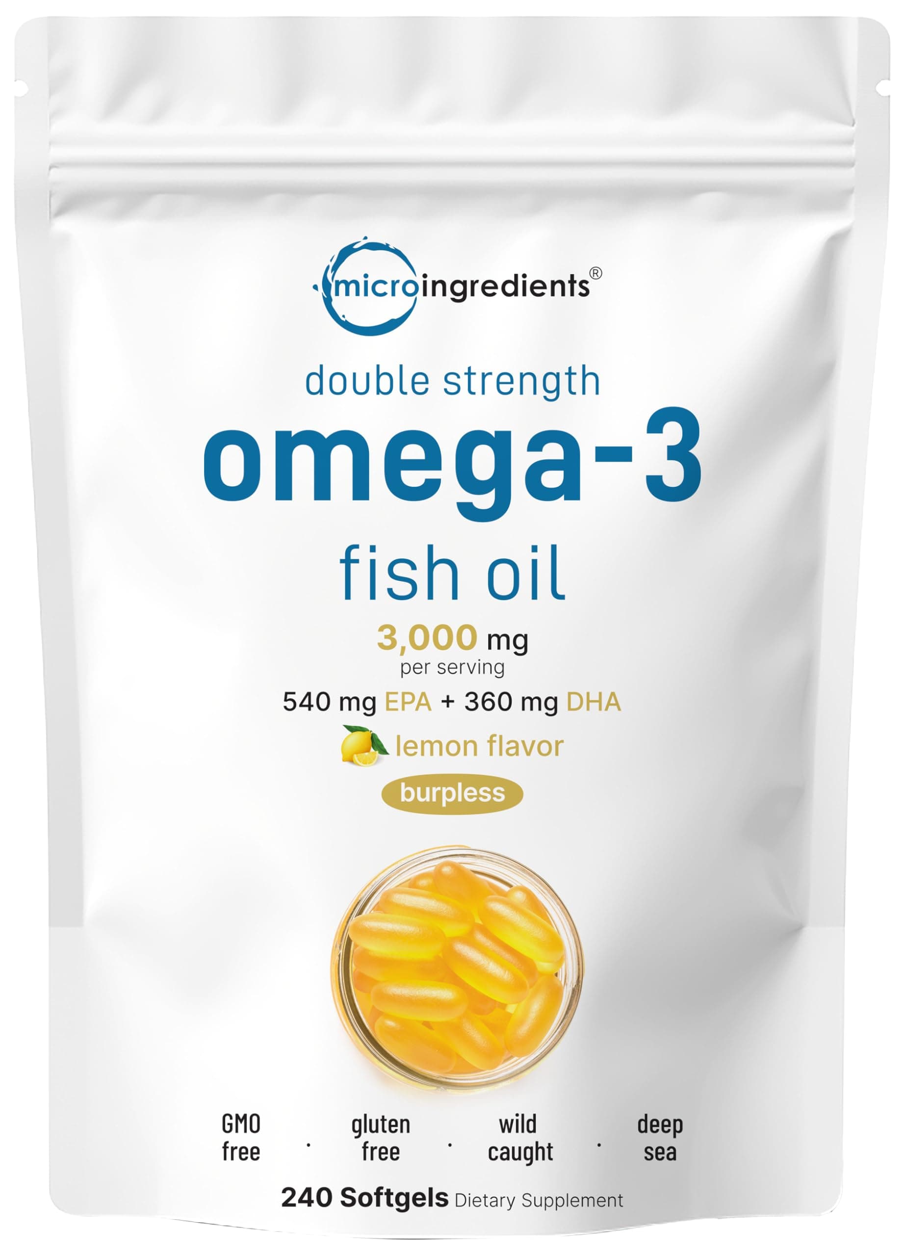 Micro Ingredients Omega 3 Fish Oil Supplements 3,000mg Per Serving, 240 Softgels | Lemon Flavored – Burpless | EPA 540mg + DHA 360mg | Deep Sea Fish