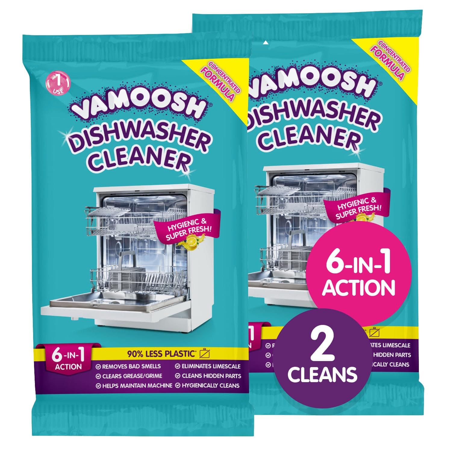 Vamoosh 6 in 1 Dishwasher Cleaner 2 x Cleans - Deep Cleaner, Limescale Remover, Odour Eliminator, Grease Remover - Deep Clean Performance, Less Plastic, Citric Acid