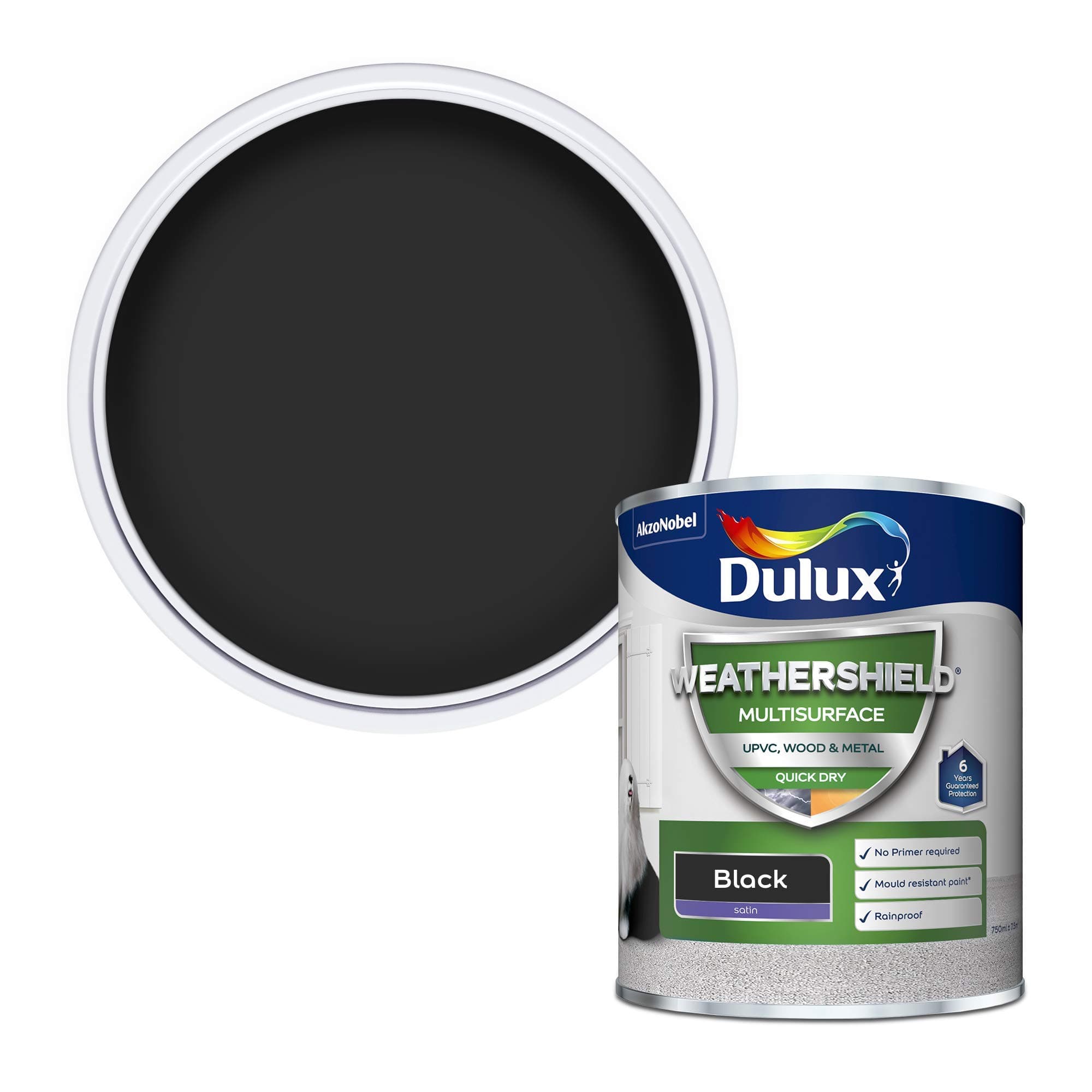Dulux 5235650 Weathershield Quick Dry Multi Surface Paint. Satin Black Wood and Metal (no Primer/Undercoat Required). 750ml for uPVC,