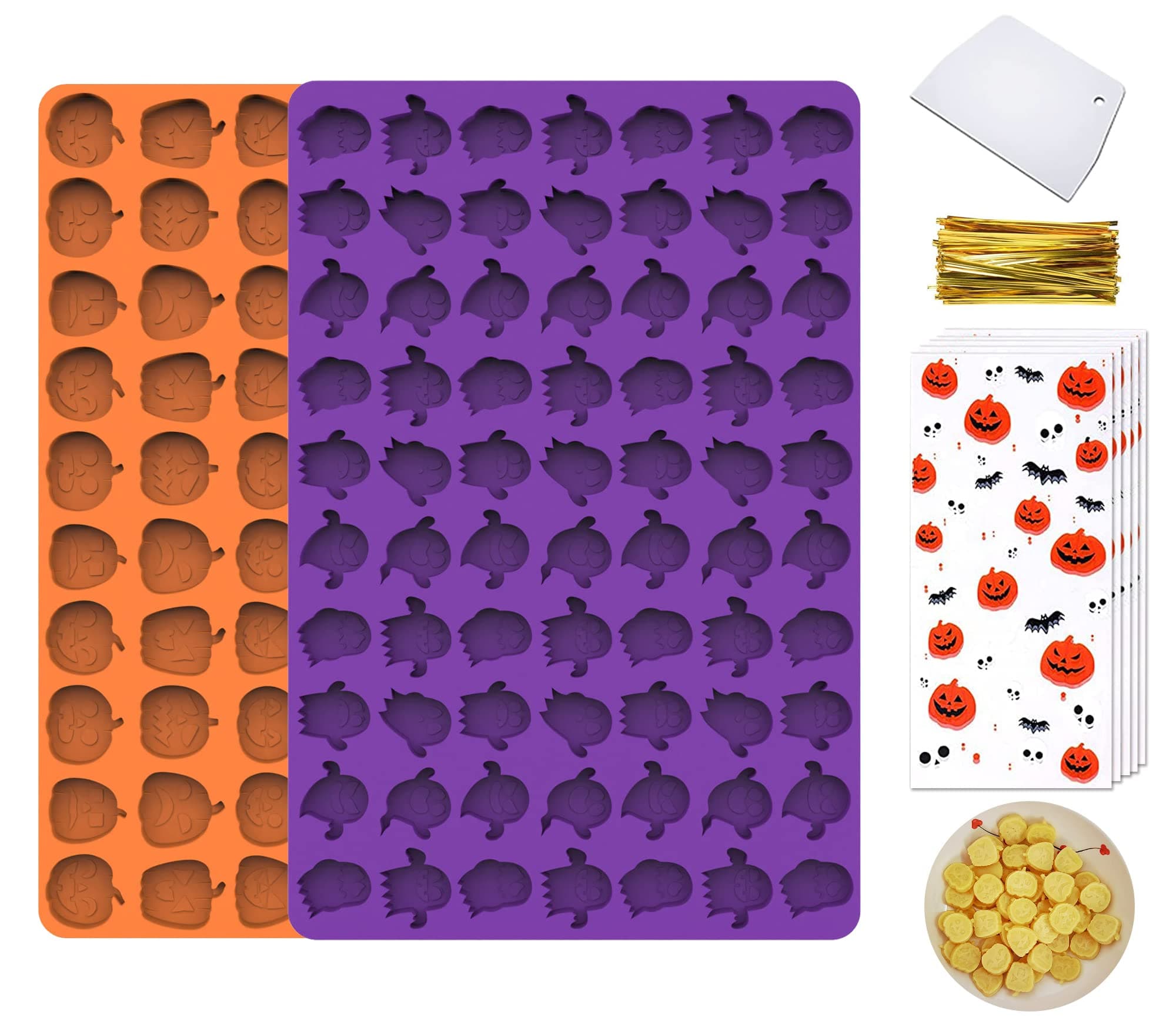 Pumpkin & Ghost Silicone Mold for Halloween Candy Chocolate, 130 Cavity Gummy Mold for Baking, Cookies, Pudding, Jelly, Biscuit, Ice Cube, with 50 Pcs Package Bags