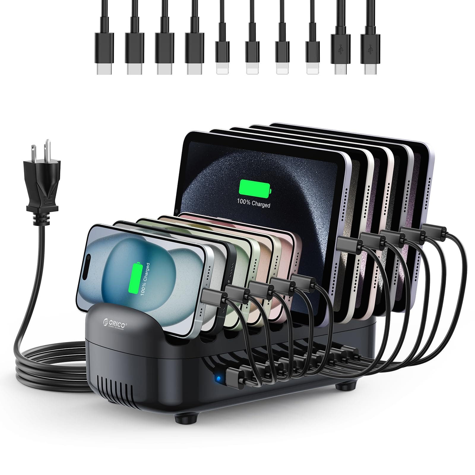 ORICO 120W Charging Station for Multiple Devices, 10-Ports USB Charging Docking Organizer with Cables, Multi USB Charging Station Compatible with iPad, Tablet, Kindle, Airpods and Cell Phone