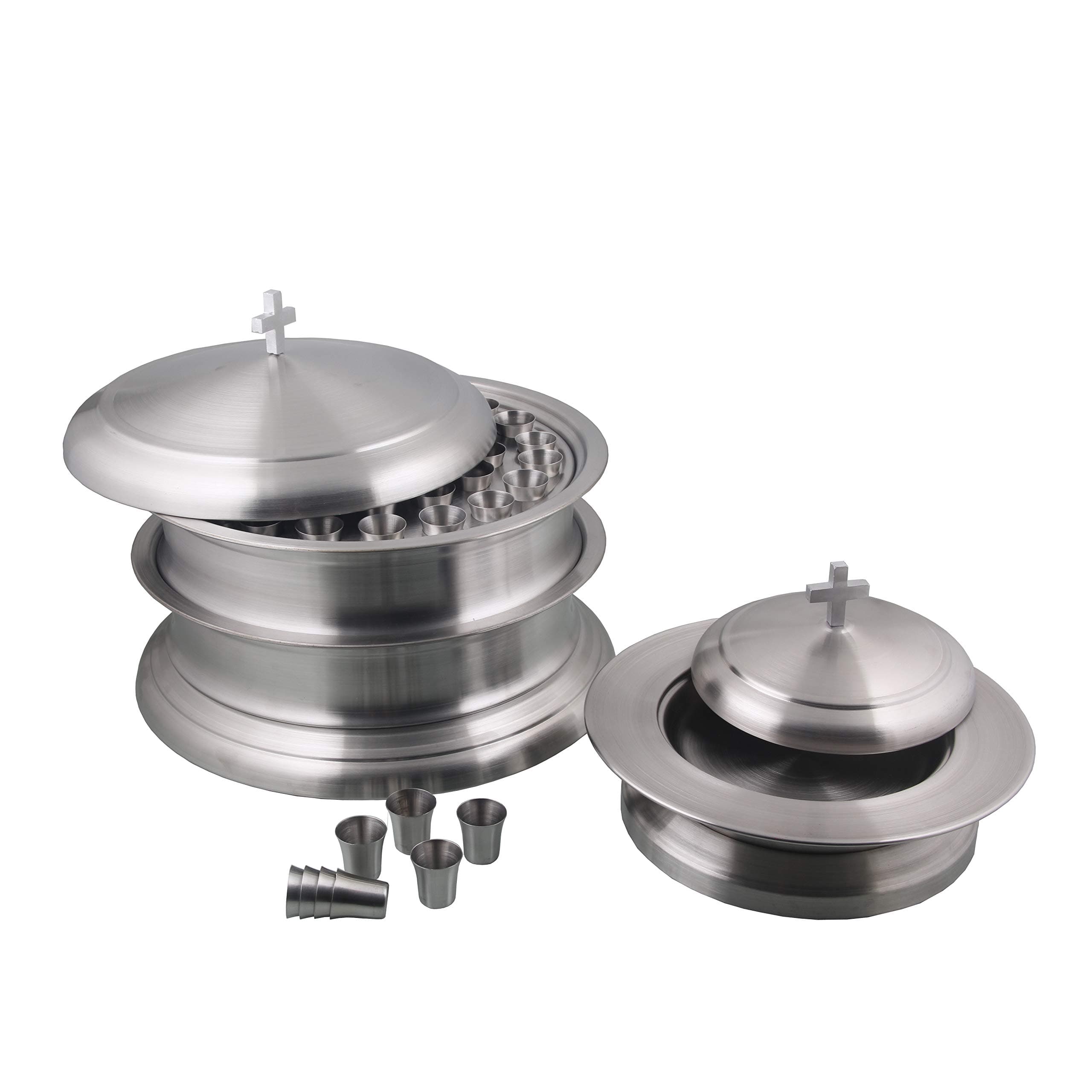Communion Ware Set of 2 Communion Tray with a Lid, a Base(Without Glasses) and a Stacking Bread Plate with a Lid, a Base - Stainless Steel