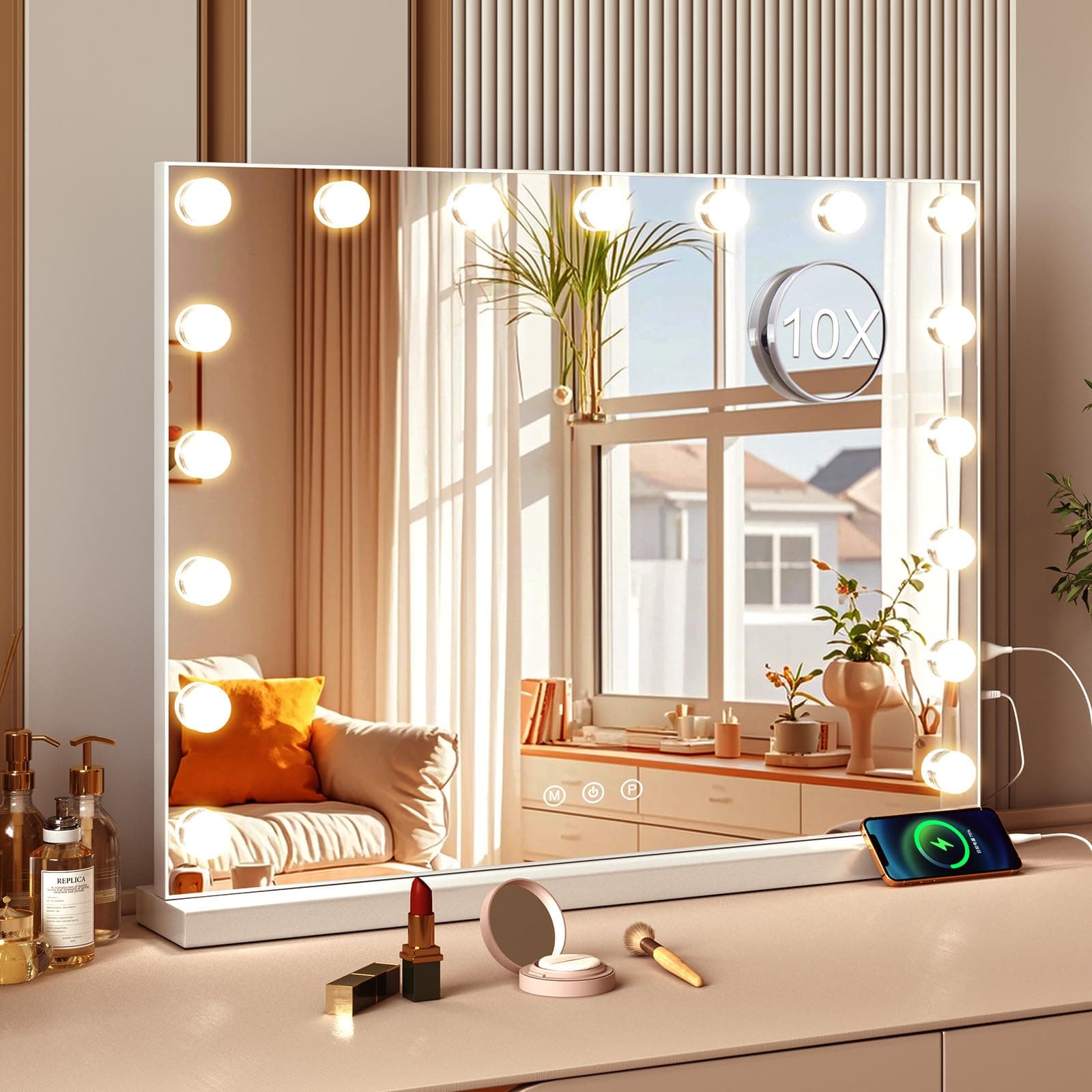 Hollywood Vanity Mirror with 17 LED Dimmable Bulbs, Makeup Mirror with 3 Color Modes, Smart Touch Mirror with Adjustable Brightness, 10x Magnifer, Tabletop 60 x 52 cm (White)