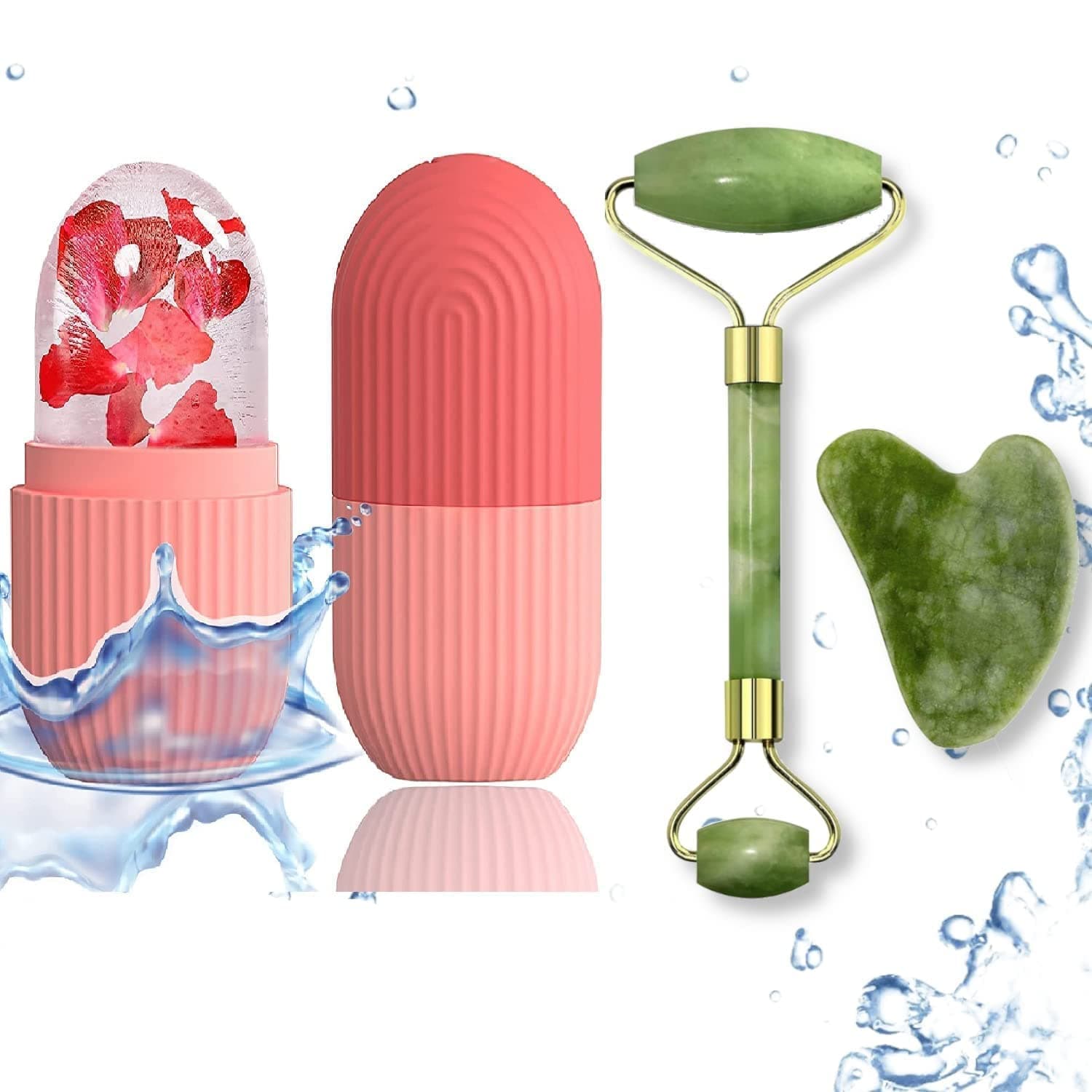 mimo Face Stone Jade Roller Massager With Gua Sha Stone And Ice Roller Set Facial Roller 100% Natural Stone Jade Roller For Skin Eye Neck Body Ice Cube Roller Women Men Beauty Silicone Reusable