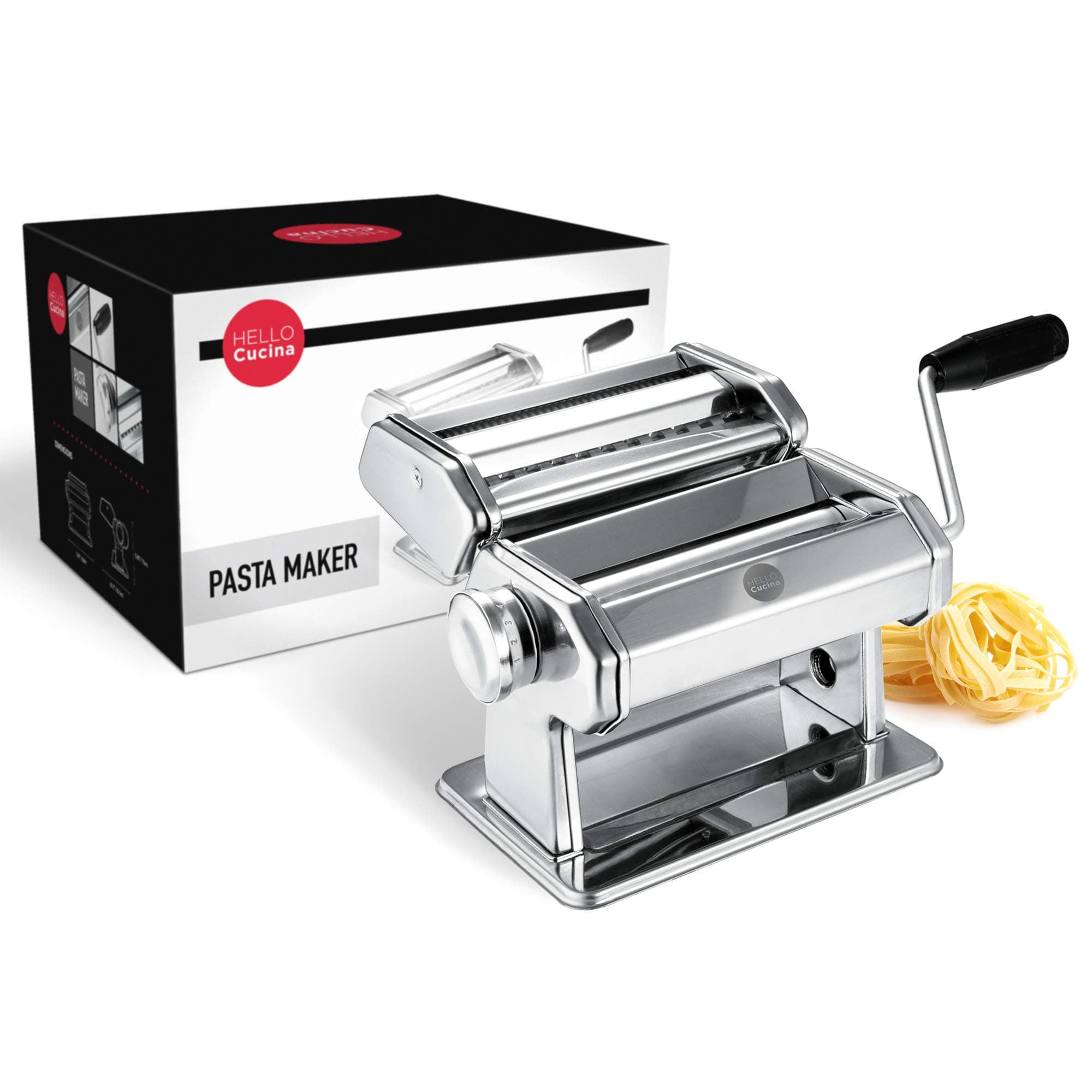 Pasta Maker, Heavy Duty Dough Flattener Machine, Roller Cutter with Clamp & Hand Crank, 9 Adjustable Thickness Stainless Steel Rolling Press for Ravioli, Spaghetti with User Manual