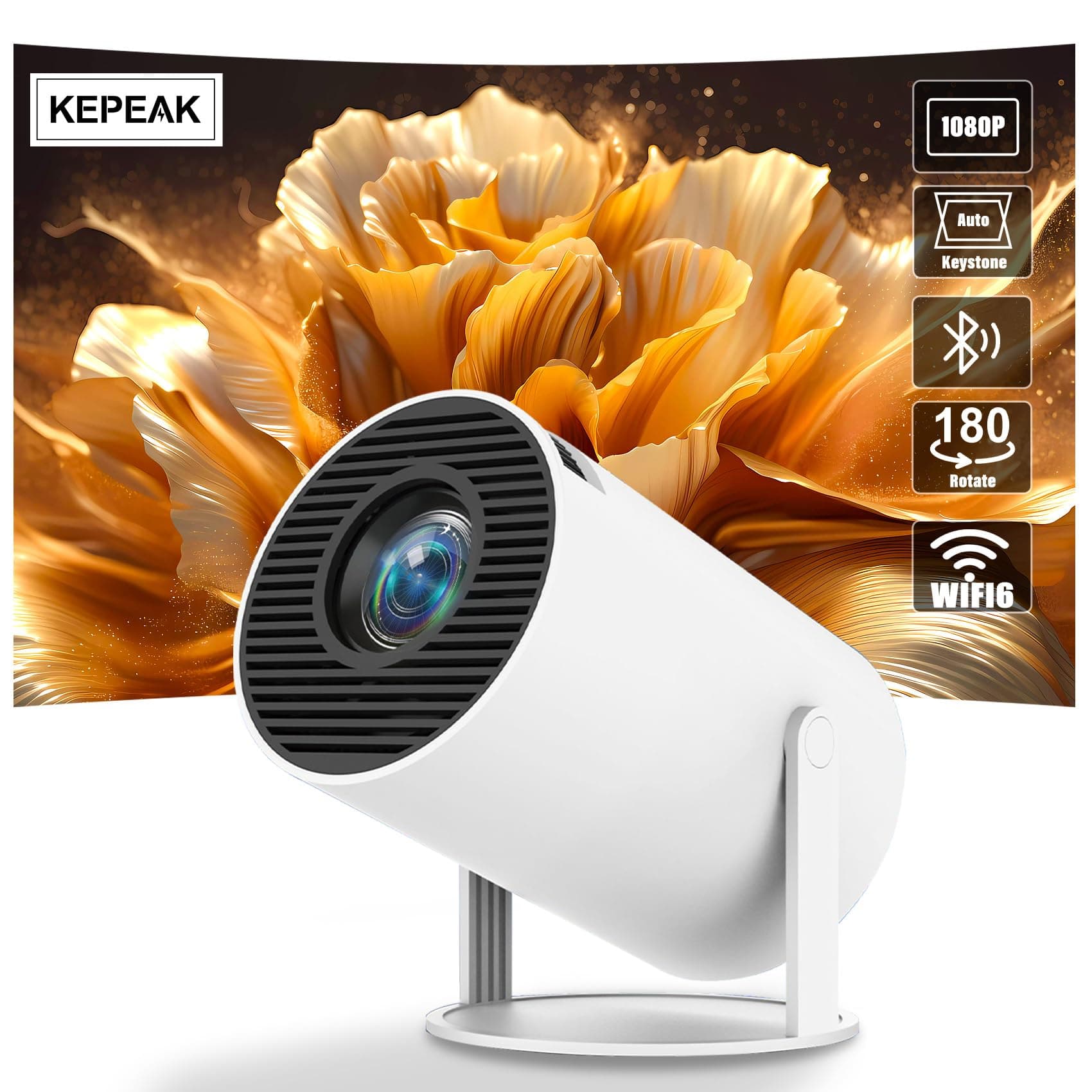 Mini Projector with WiFi 6 and Bluetooth - 4K 1080P Full HD Portable Projector, 12000L Auto Keystone Correction, Wall Movie 180° Rotatable for Bedroom, Outdoor, Phone/HDMI/USB/Laptop