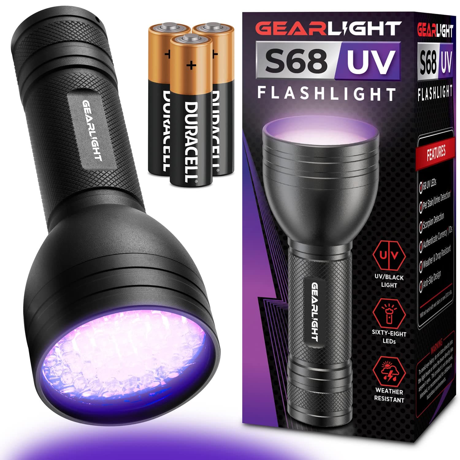 GearLight UV Flashlight with Batteries S68 Black Light - Portable, Handheld, 68 LED Blacklight Flashlights - Ultraviolet Lights for Pet Urine, Hotel Inspection and Bed Bug Detection