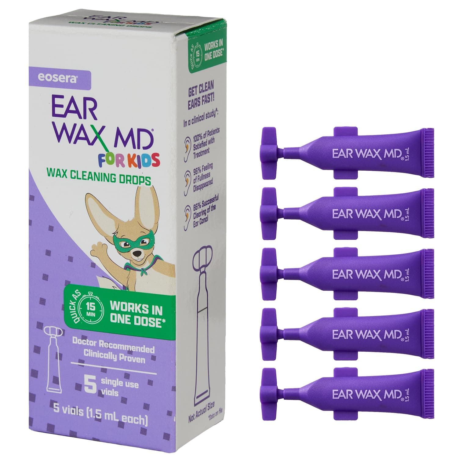 eosera Ear Wax MD for Kids - Ear Wax Dissolving Drops, 5pk Vials | Fast-Acting | Breaks Down & Dissolves Ear Wax in as Little as 1 Treatment | Clinically Proven | Gentle & Safe I for Kids Age 2+
