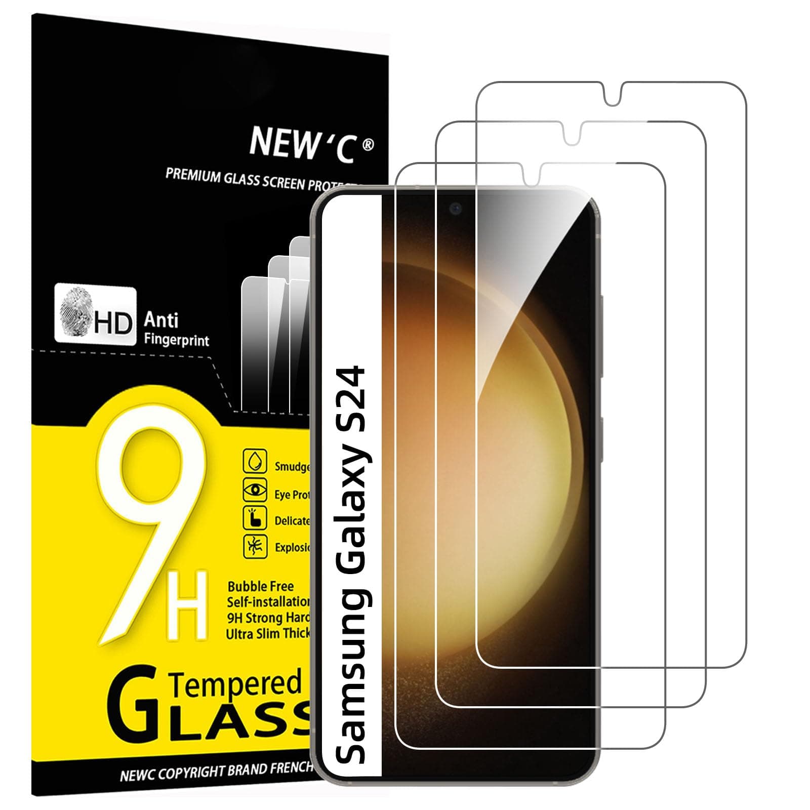 NEW'C Tempered Glass Screen Protector for Samsung Galaxy S24, Scratch Free, 9H Hardness, HD Screen Protector, 0.33 mm Ultra Clear, Ultra Resistant, Pack of 3