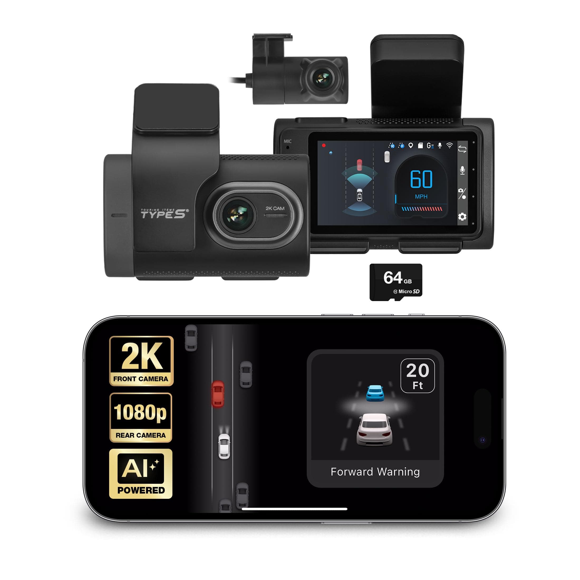 TYPE S TOURING ITEMS T200 AI Dash Cam with ADA Technology, 1440p, Collision Alerts, Lane and Pedestrian Detection, Vehicle Departure Reminders, 2 mart Video urveillance