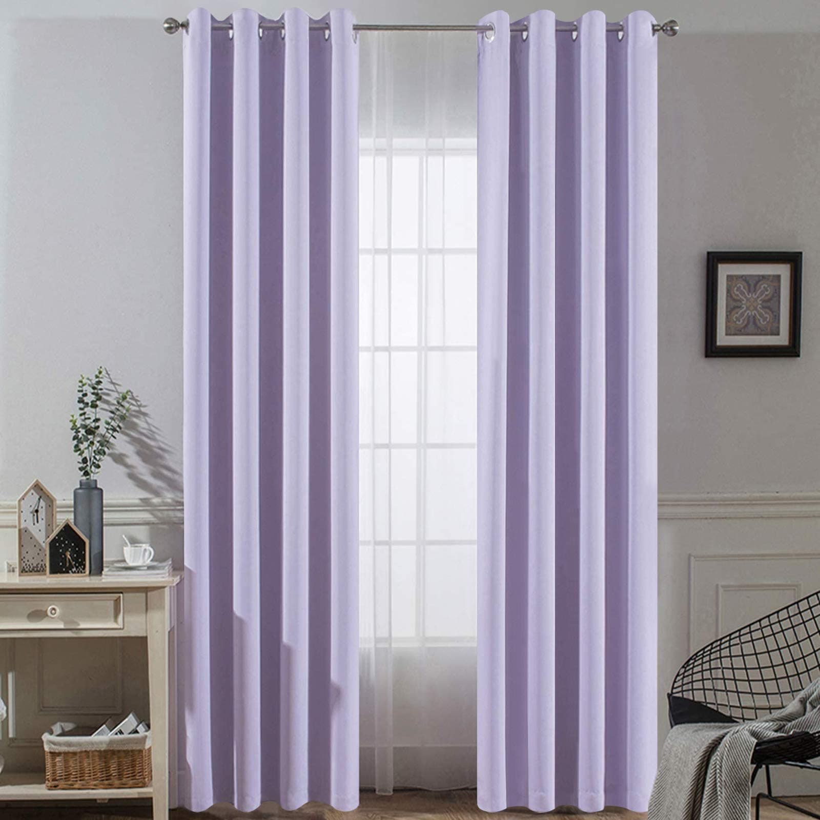 Yakamok Thermal Insulated Solid Ring Top Blackout Window Drapes-Blackout Curtains Panels for Bedroom,52" W x 84" L (Set of 2 Panels,Lilac,2 Tie Backs Included)