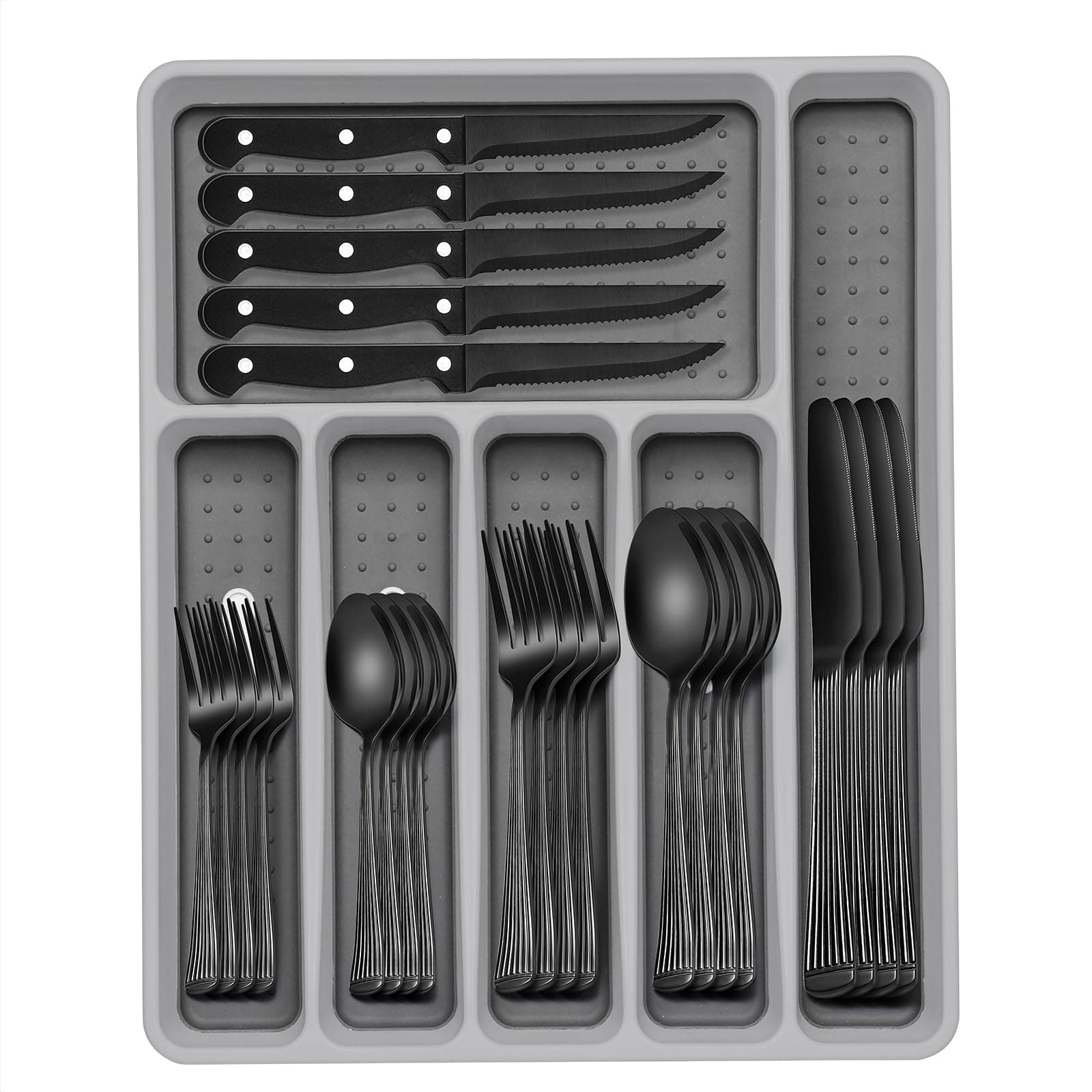 49-Piece Black Silverware Set with Organizer, Food-Grade Stainless Steel Black Flatware for 8, Cutlery Utensil Sets with Steak Knives, Rust-proof, Mirror Polished, Dishwasher Safe, Roman Column