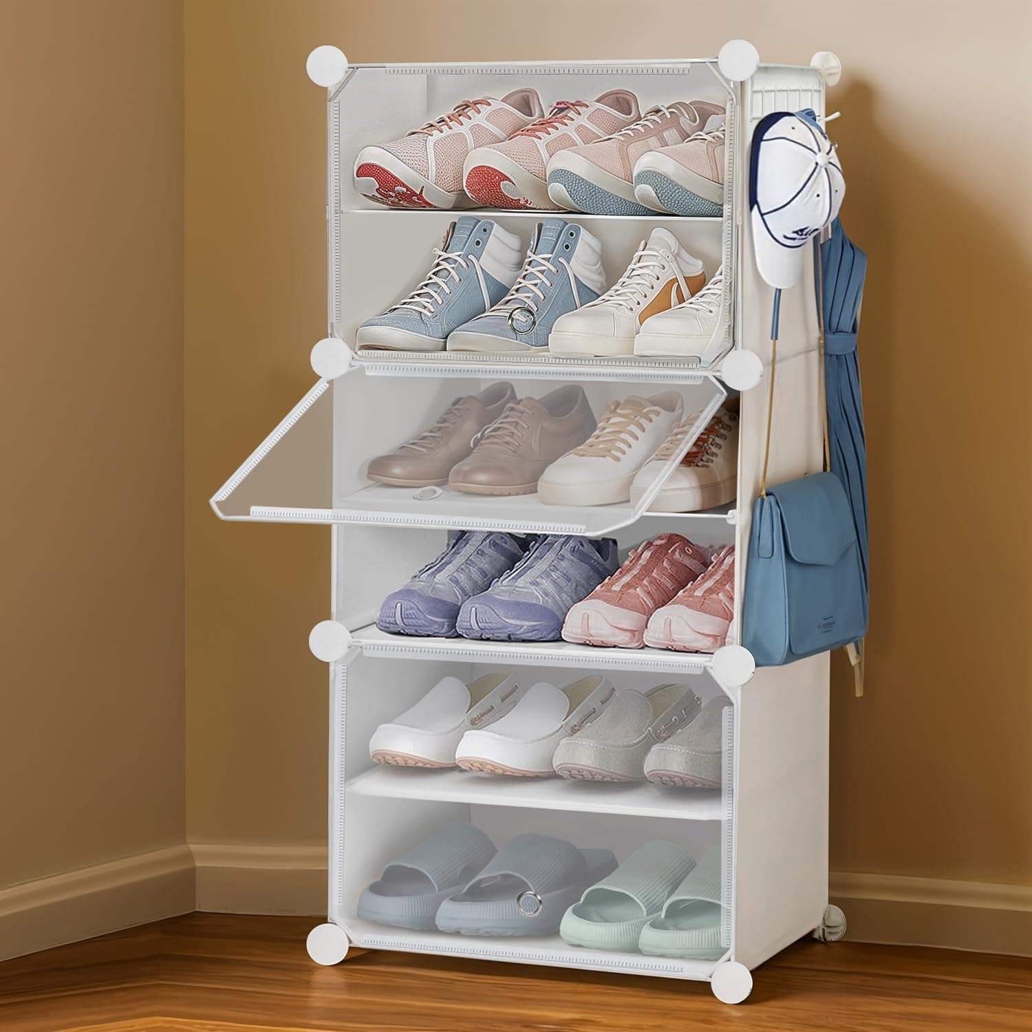 ABOUT SPACE Shoe Rack for Home with Door - 12 Pair DIY Slipper Stand with Hanger, 3 Cube Expandable Shelves Closed Shoes Rack for Home Men, Women Heels Boots Flip-Flops (White - L 40 x B 30 x H 90 cm)