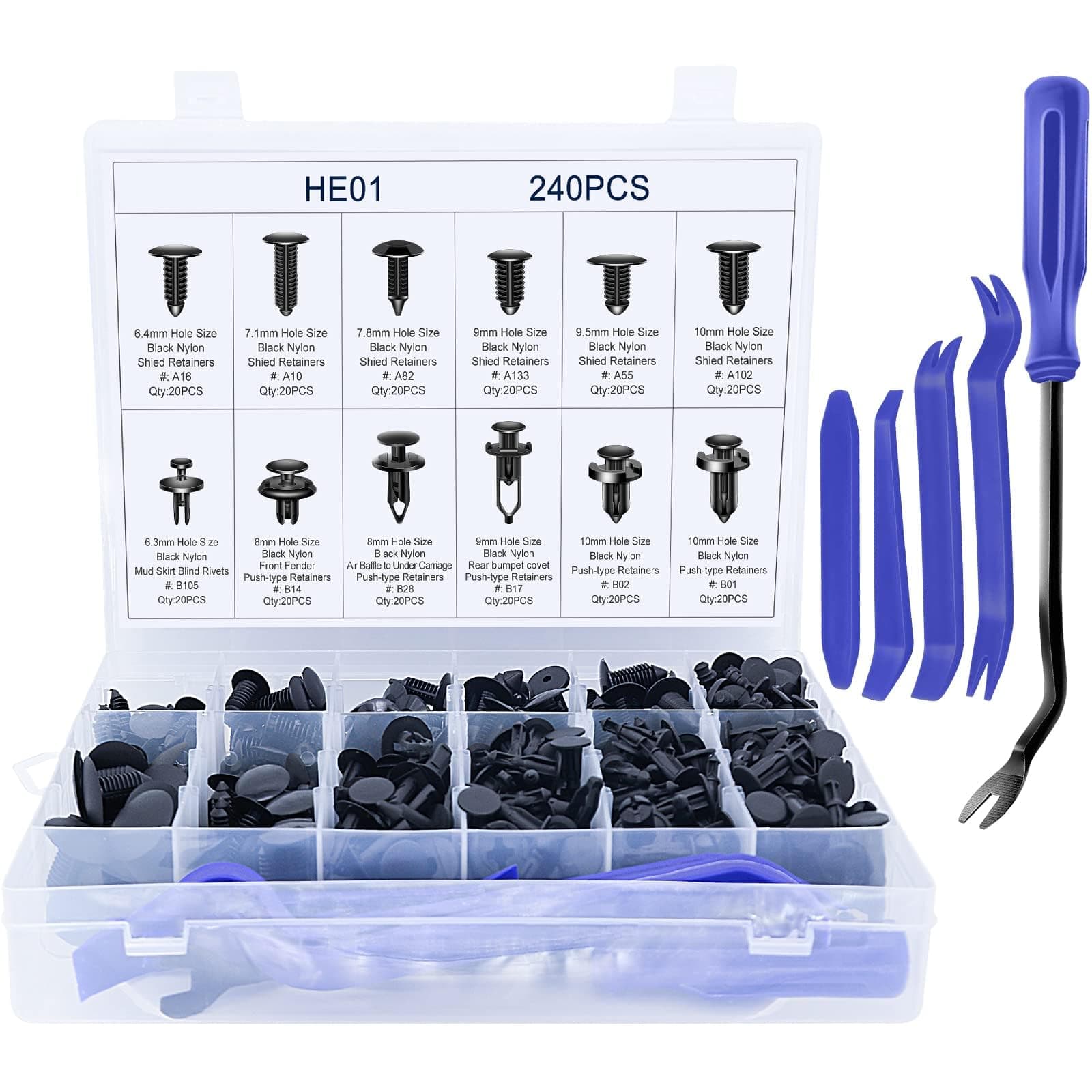 240 Pcs Bumper Clips, Car Rivet Clips, Plastic Rivets Fasteners Push Retainer Kit with Most Popular Sizes Auto Push Pin Rivets Set with 5 PCS Trim Removal Tools Fastener