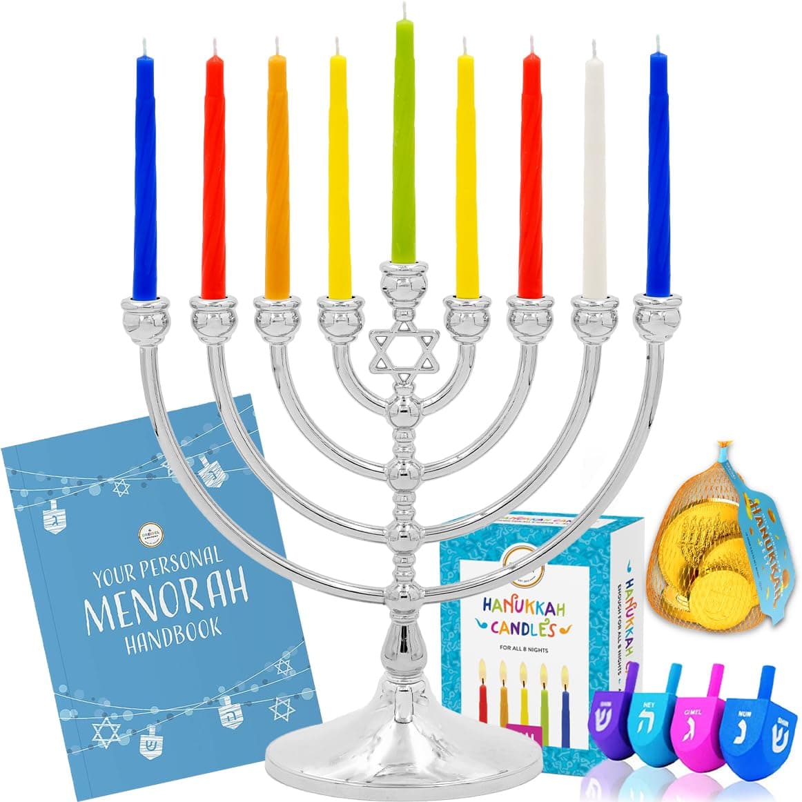 Complete Hanukah Menorah Set - 1 Full Size 7" Menorah, 45 Multicolored Candles, 4 Multicolored Painted Wood Dreidels, 4 Chocolate Belgian Coins Gelt, 4 Full Color Page Comprehensive Chanukah Guide