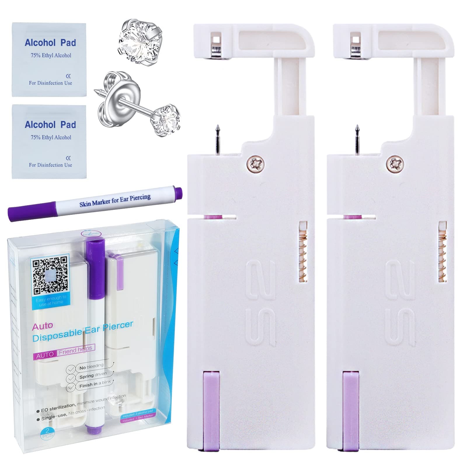 Firstomato 2PCS Disposable Ear Piercing Kit Aseptic Ear Piercing Gun Self Use Ear Piercings Kit Cartilage Piercing Gun with Hypoallergenic Earrings(3mm 4-prongs crystal)