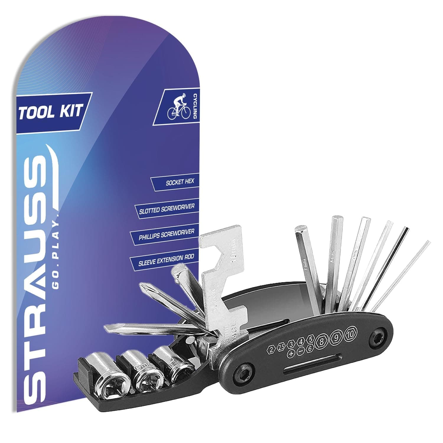 Strauss Bicycle Repair Tool Kit | 16-in-1 Multi-Purpose Set with Screwdrivers, Wrenches, Spanners, Nail Puller & Extension Rod | Portable & Compact Cycling Maintenance Equipment for Bike