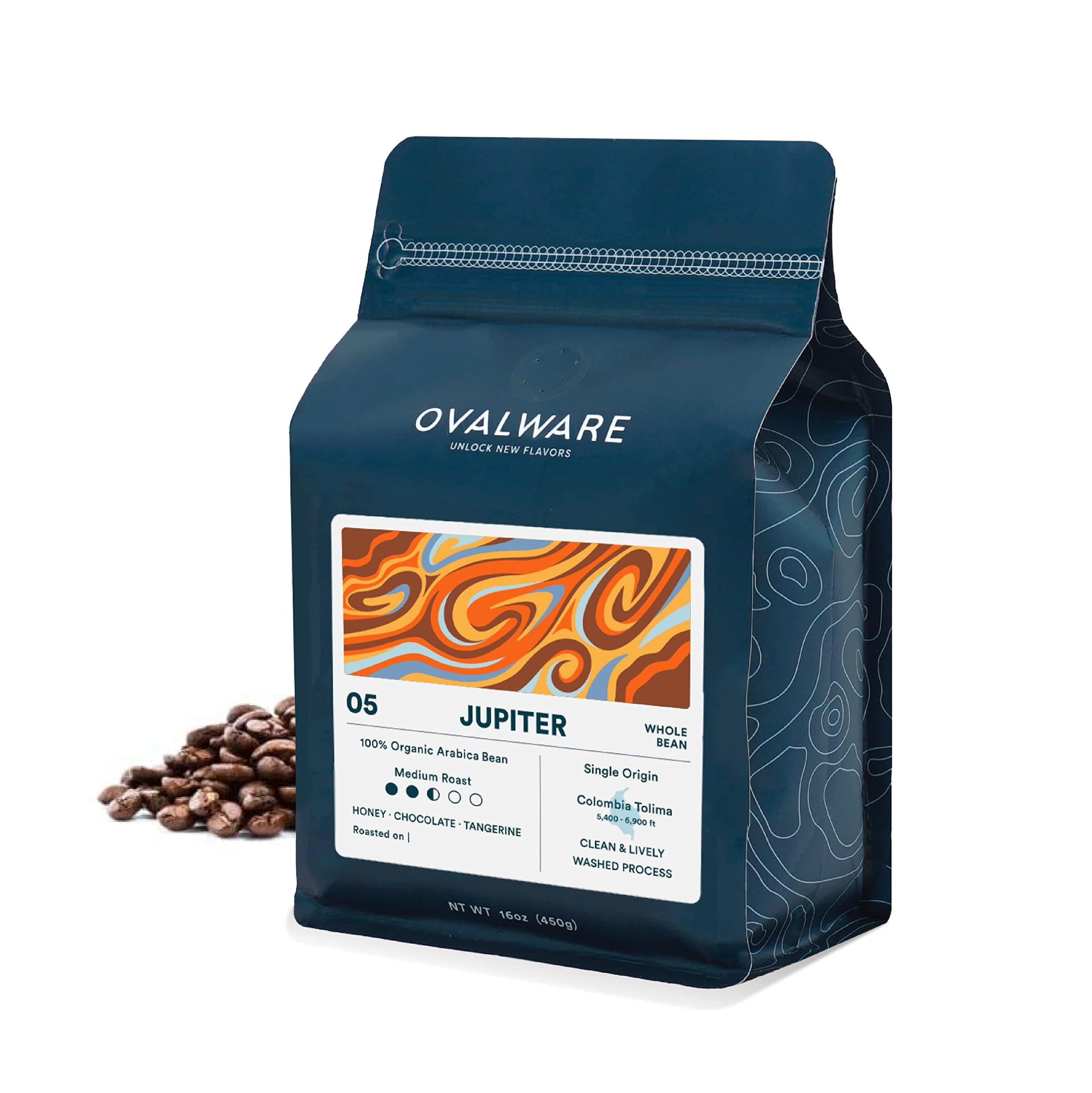 OVALWARE 05 Jupiter - Pour Over 100% Organic Arabica Medium Roast Whole Bean Coffee, Premium Single Origin Colombia Tolima (1lb. / 16oz.)