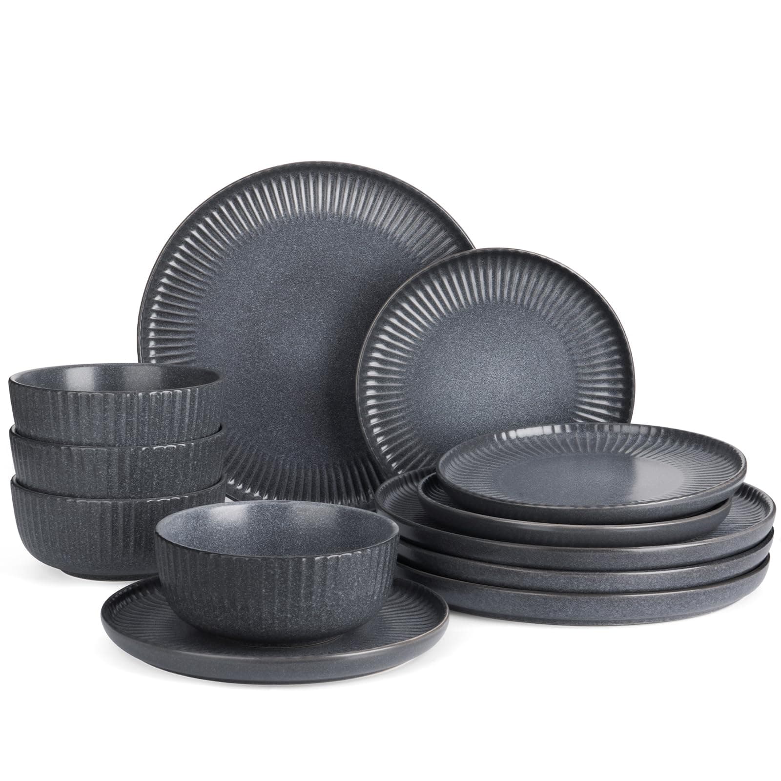 Famiware Starlight Plates and Bowls Dishes Set of 4 (12 Pieces), Ribbed Textured Stoneware Dinnerware Sets- Dishwasher & Microwave Safe, Chip Resistant, Matte Midnight Grey