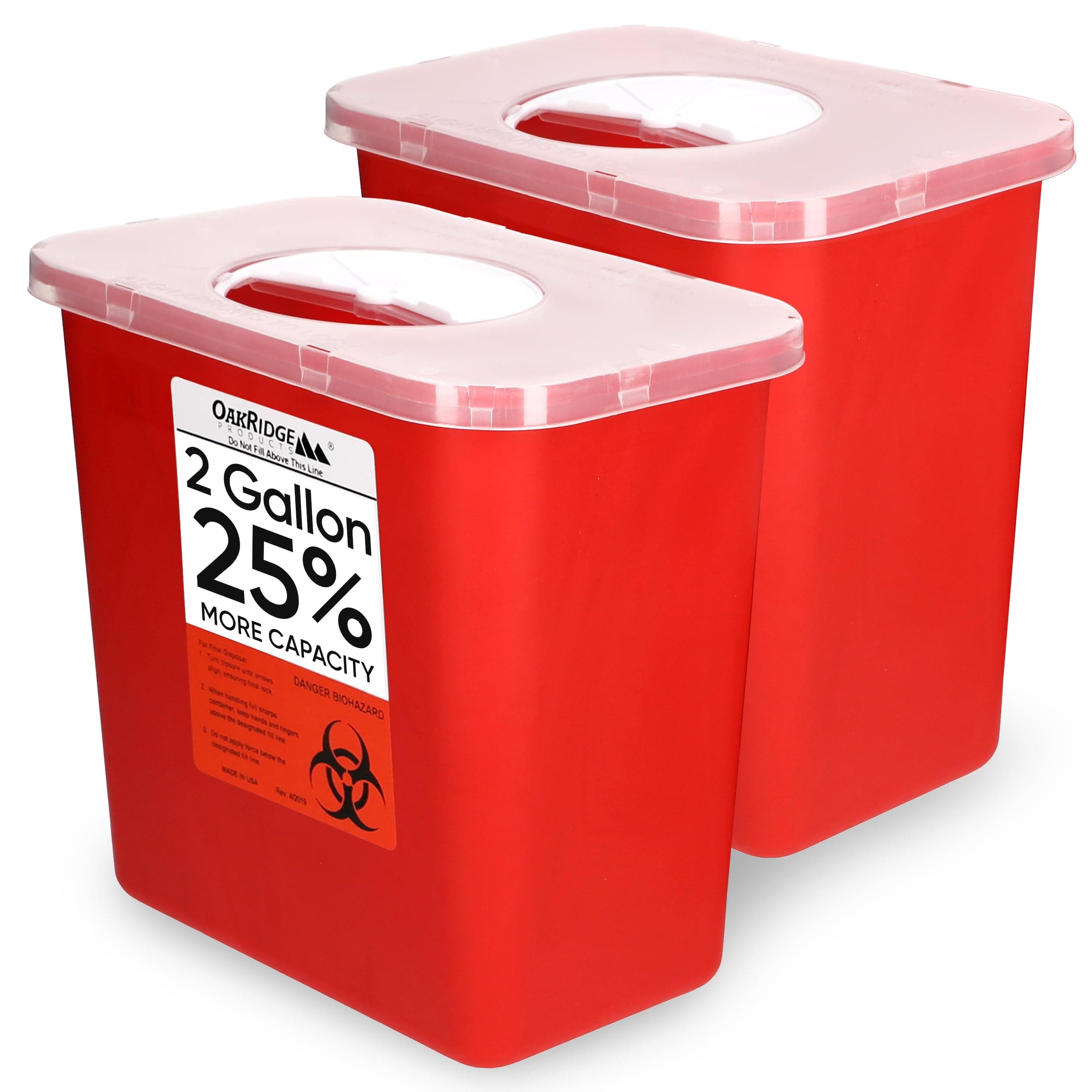 Oakridge Products Large Sharps Container for Home Use and Professional 2 Gallon (2-Pack) with Rotating lid, Biohazard Needle and Syringe Disposal, CDC Certified