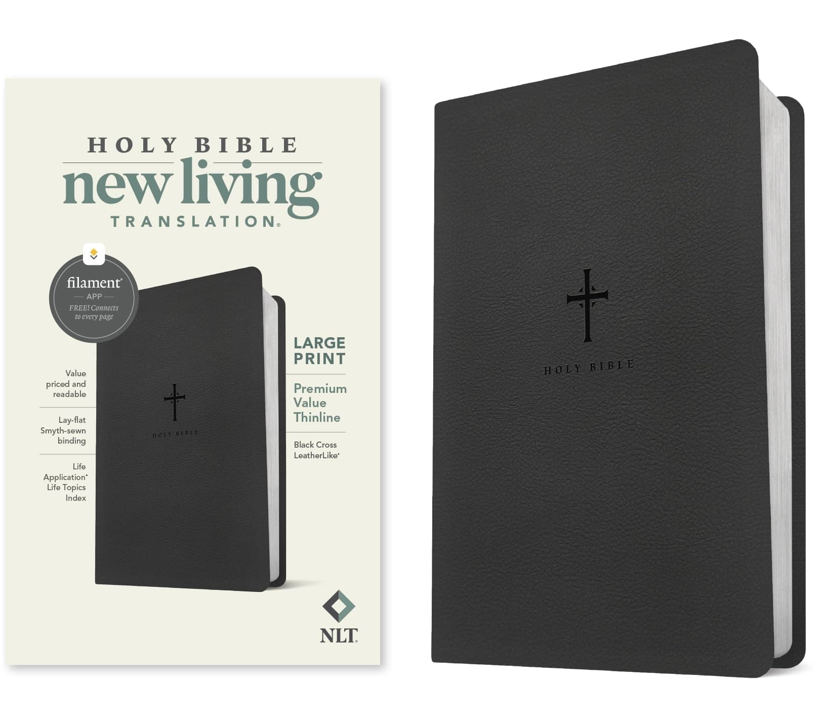 NLT Large Print Premium Value Thinline Bible, Filament Enabled (LeatherLike, Black Cross)