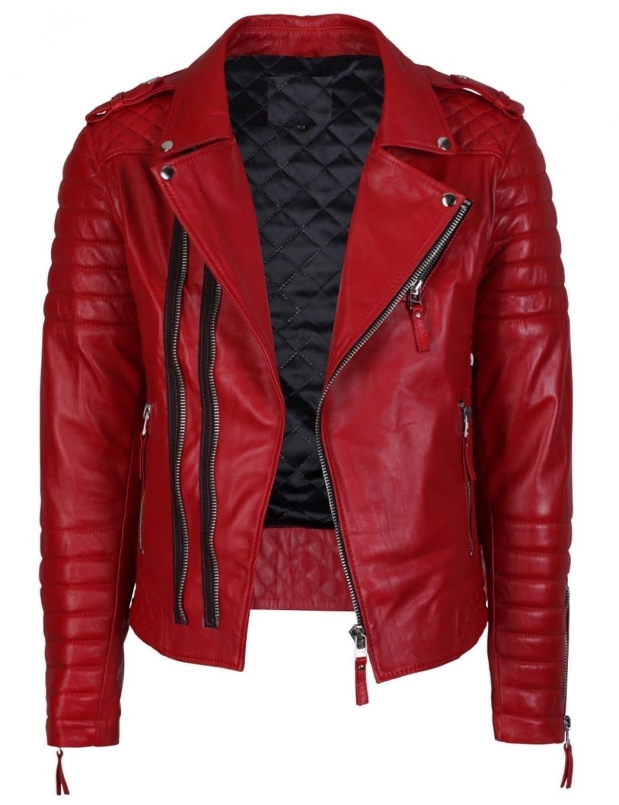 Men Leather Style Genuine Soft Lambskin Bomber Biker Jacket Red