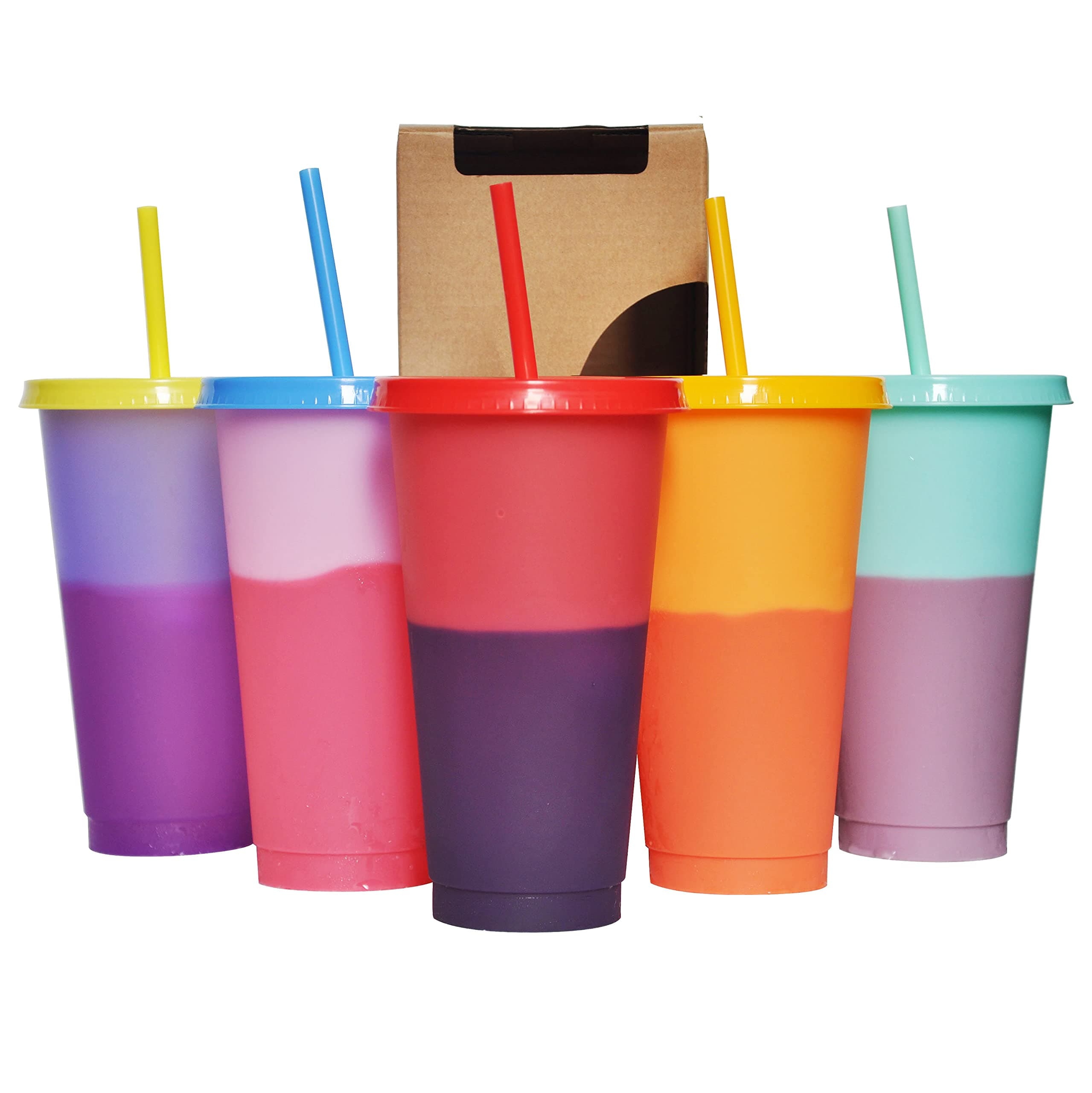 Color Changing Cups, 5 Pack 24oz Plastic Tumblers, Reusable Iced Coffee & Smoothie Cups with Lids and Straws for Parties and Travel