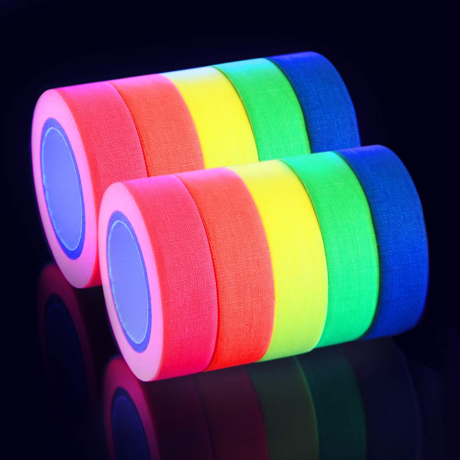 AOND 10 Pack(Total 164 Feet) UV Blacklight Reactive Tape Neon Colored Fluorescent Tape Neon Gaffer Cloth Tape for Kids Birthday, Glow Party, Home Decoration, Stages, Art, Label or DIY