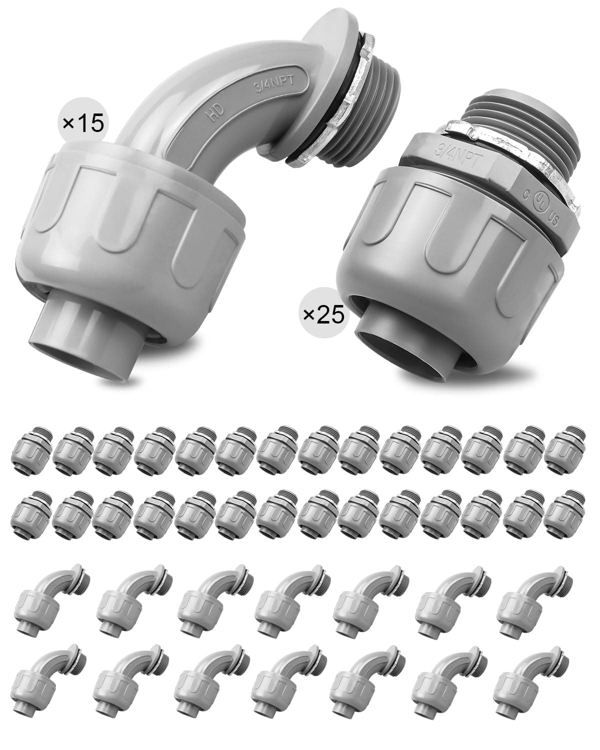 TADYAO 40 Pack 3/4" Liquid Tight Connector, PVC Flexible Conduit Fittings, Non-Metallic Electrical Conduit Fittings, UL Listed (Pack of 25 180°+15 90°)