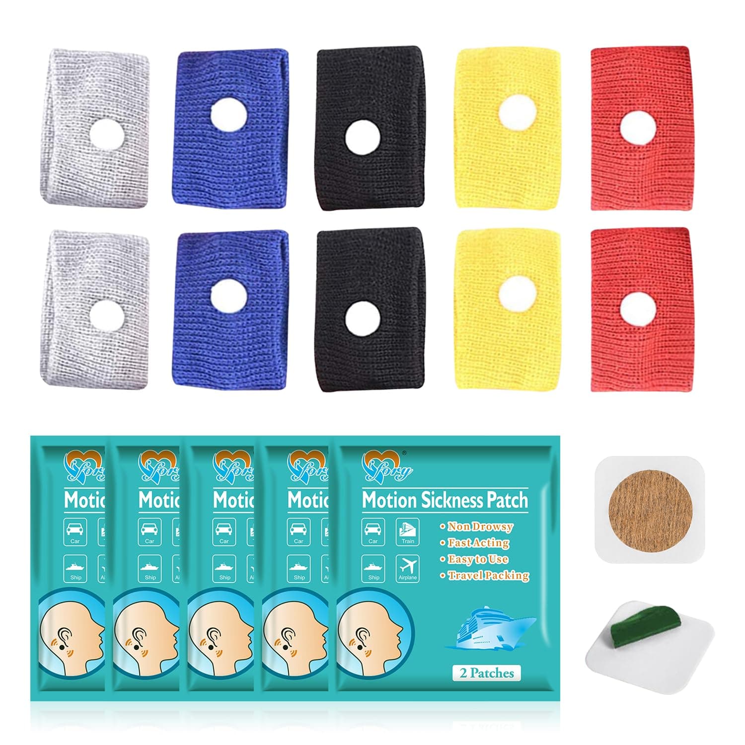 10 Count Motion Sickness Patches and 5 Pair Motion Sickness Bands, Anti Motion Sickness Kit - Non Drowsy