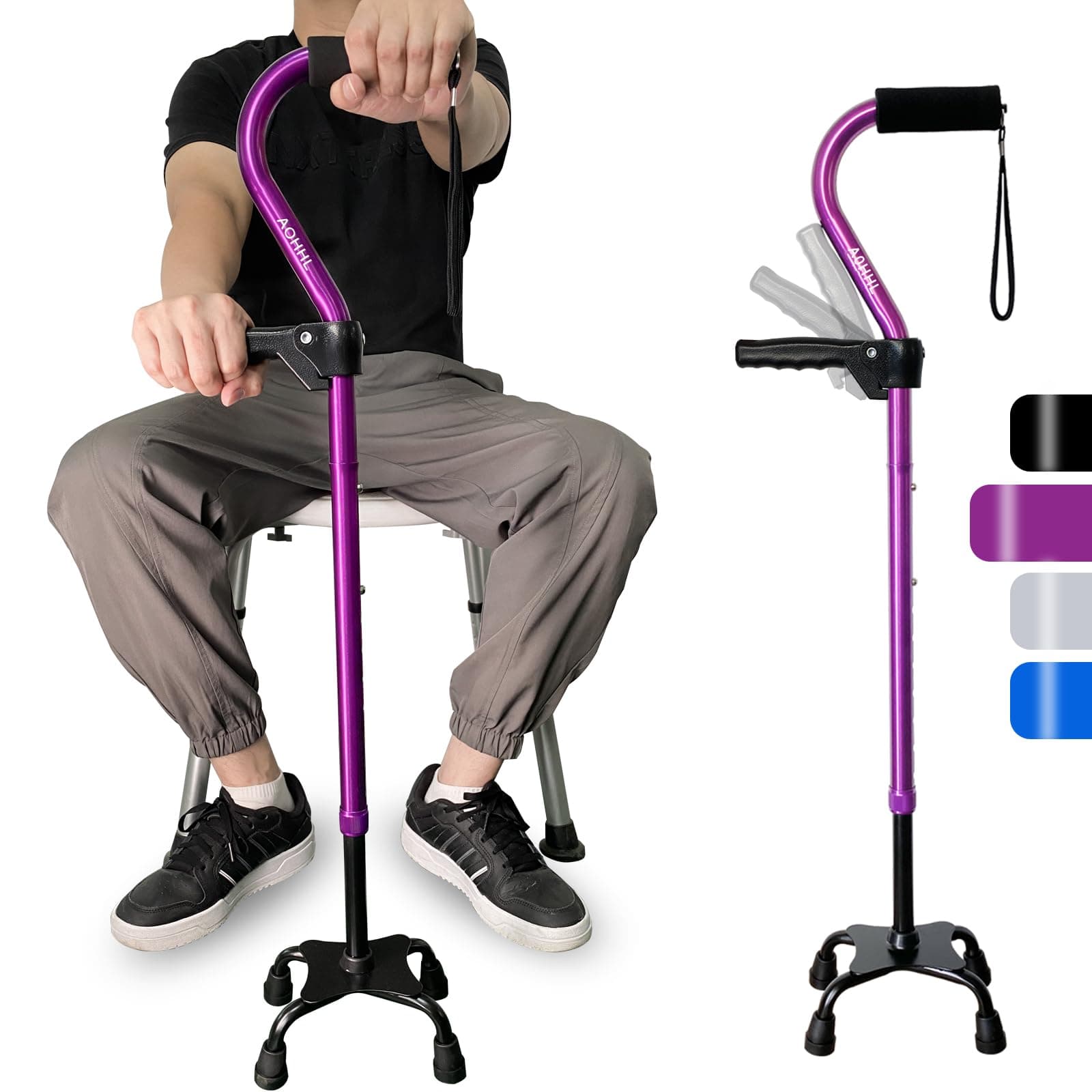 AOHHL Quad Walking Cane Foldable Adjustable Portable Stick Men & Women and Seniors - Lightweight & Sturdy with 4-Pronged Base for Extra Stability Balance,Self Standing Gifts for mom Dad