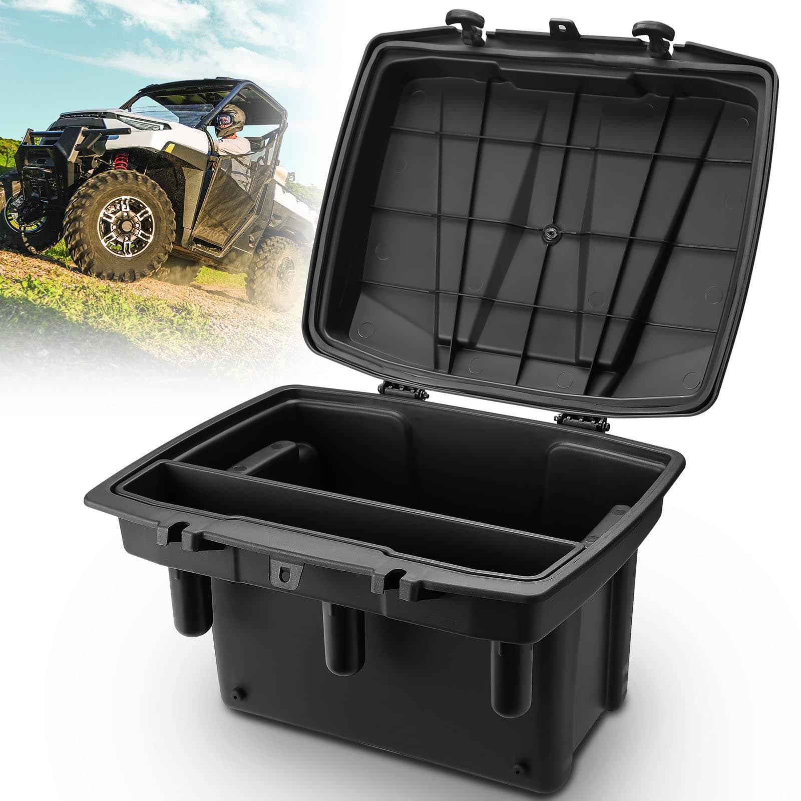 21L/5.5Gal UTV Bed Storage Box w/Top Tool Tray Compatible with Polaris Ranger 1000 900 570 500/ Ranger XP/General 1000 2013-2026 Rear Cargo Box