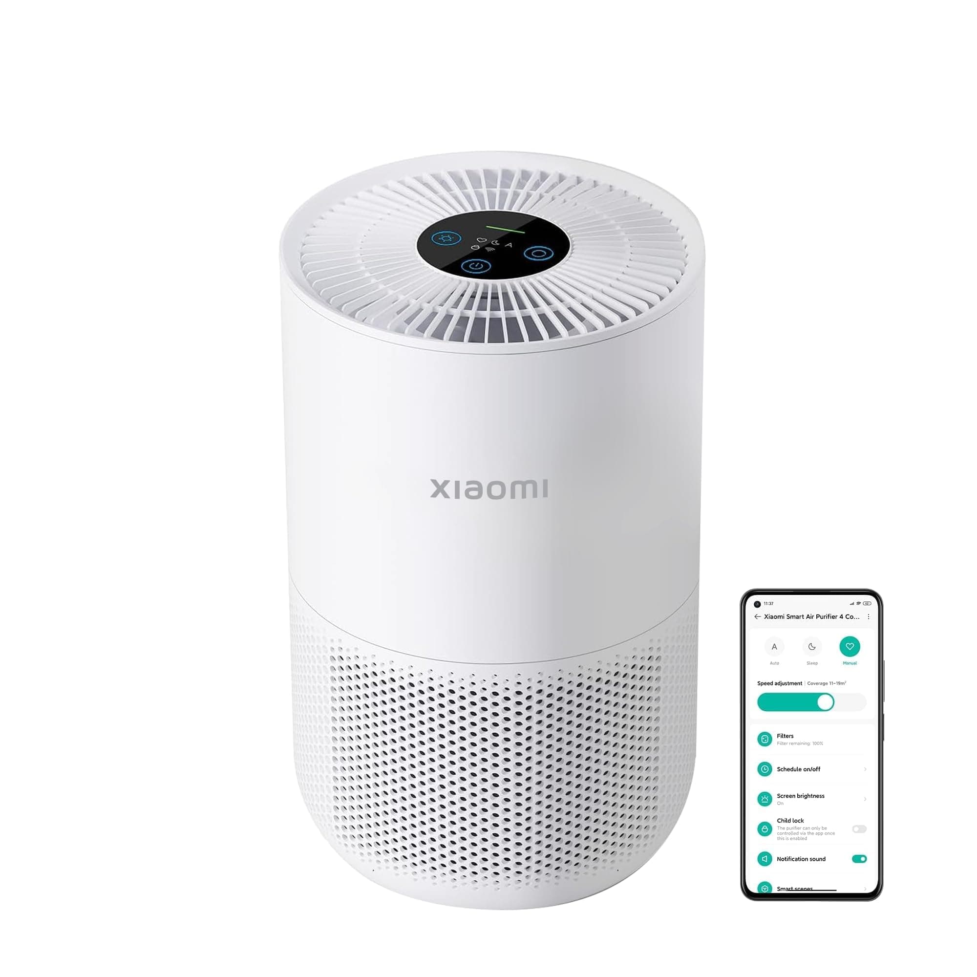 Xiaomi Smart Air Purifier 4 Compact for Home Bedroom, 48㎡ Coverage, 20dB Ultra Quiet HEPA Filtration, App Control, White