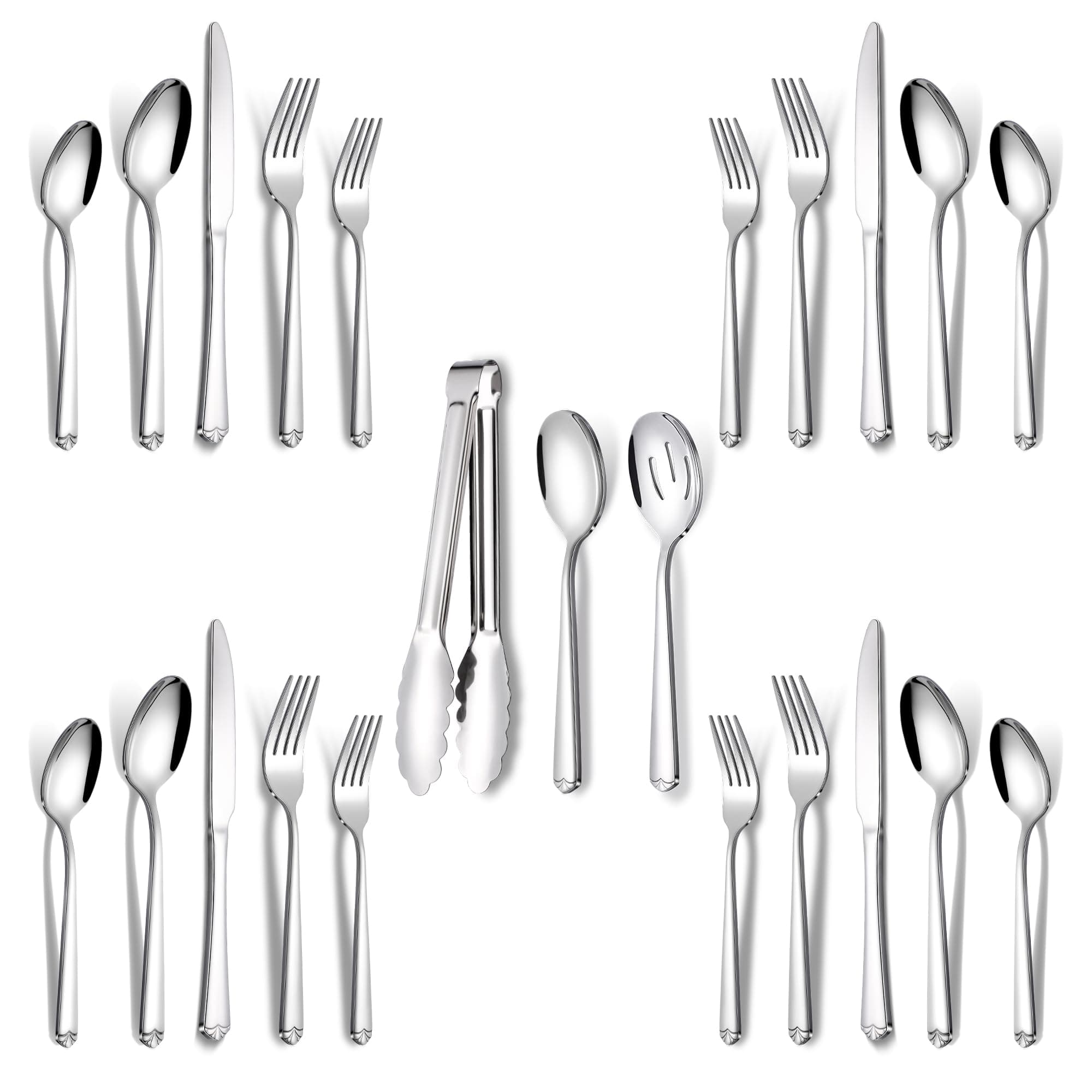 Silverware Set for 4, Prendcyx 23 Piece Stainless Steel Flatware Utensils Cutlery Set Including Knife Fork Spoon and Metal Serving Utensils, Dishwasher Safe, Mirror Polish