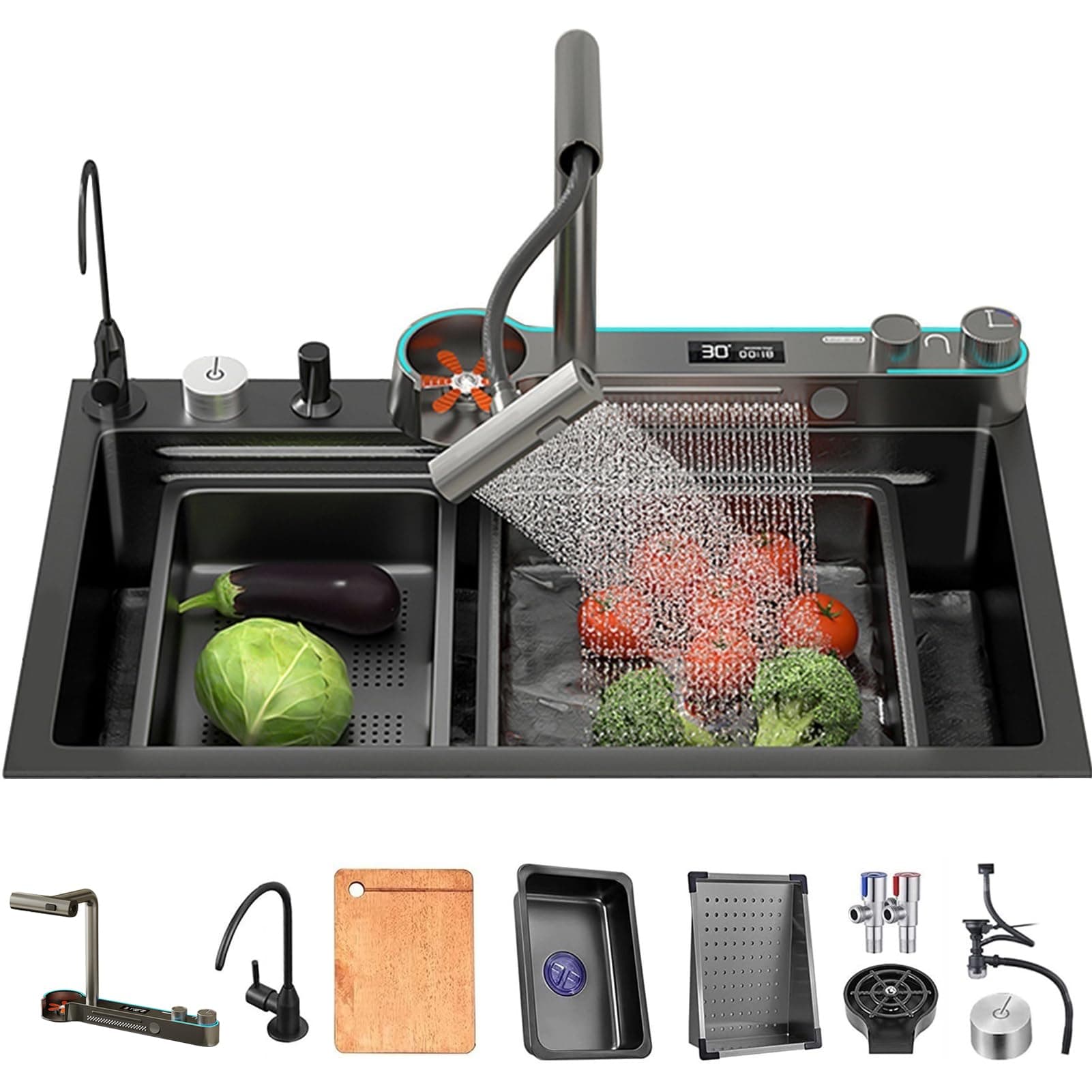 Kitchen Sink Black Stainless Steel Waterfall Kitchen Sink Multifunctional Digital Display Sink with New Dual Mode Faucet and Multiple Accessories (75x45x22CM)