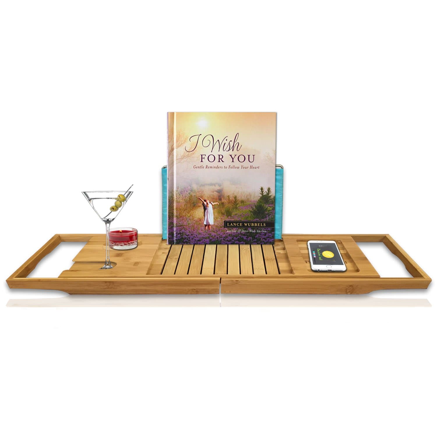 BambuLeaf Bamboo Bathtub Caddy with Extending Sides, Adjustable Book Holder, Rubber Base