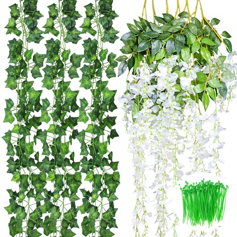 APLANET 18pcs Artificial Flowers Vines Fake Ivy Include 6pcs(3.6feet) Fake Silk Wisteria Vines and 12pcs(6.5feet) Fake Vine