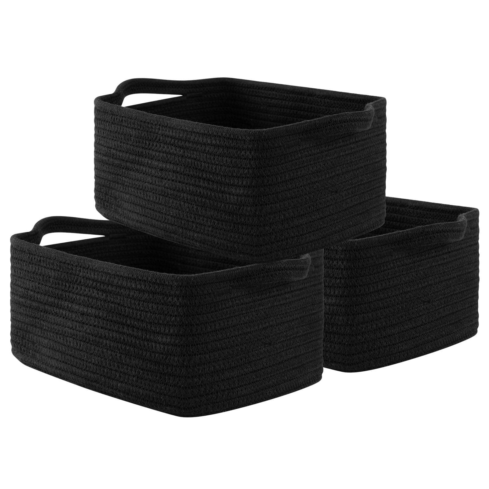 OIAHOMY Cotton Rope Woven Baskets for Storage, Nursery Rectangle Storage Basket with Handles for Shelves, Pack of 3, Black