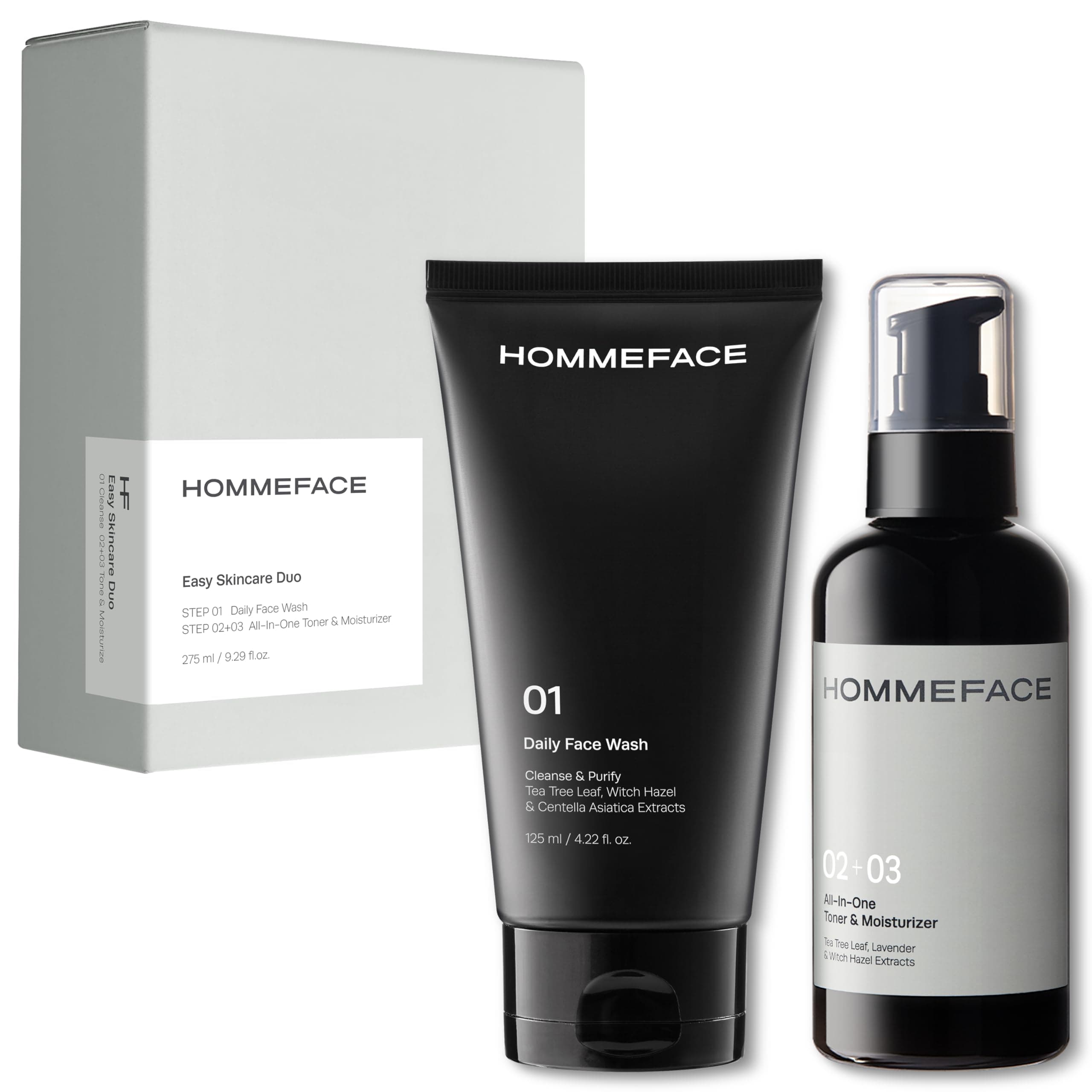 HOMMEFACE Men’s Easy Duo Skin Care Set, 2-Step Daily Routine Kit with Facial Cleanser and All-In-One Face Toner & Moisturizer for Men, For Oily & Acne-Prone Skin, 9.29 fl.oz.
