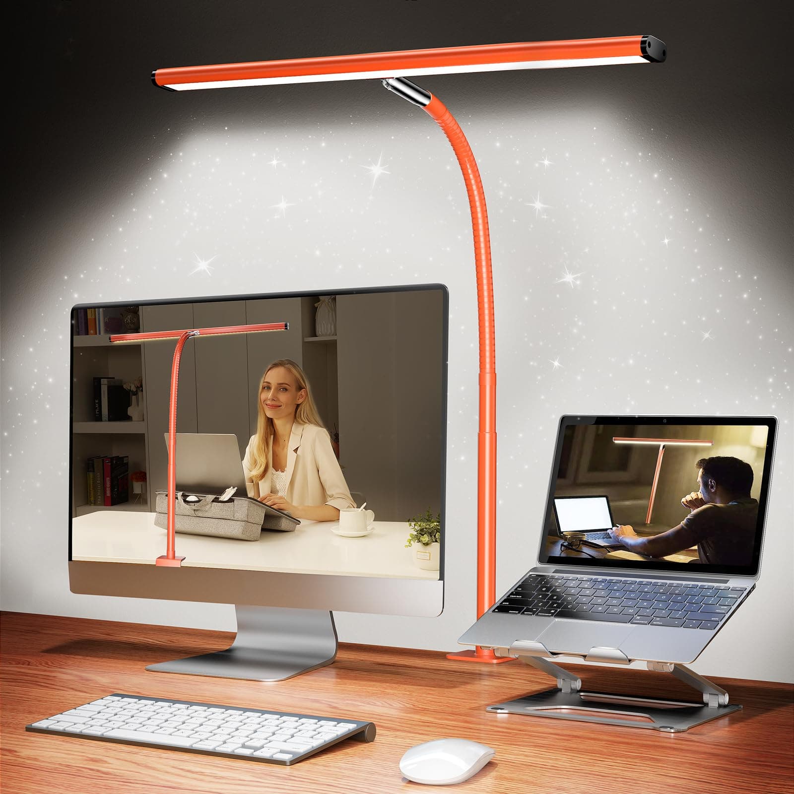 LED Desk Lamp for Office Home, Eye-Caring Desk Light with Stepless Dimming Adjustable Flexible Gooseneck, 10W USB Adapter Desk Lamp with Clamp for Reading, Study, Workbench (Orange)